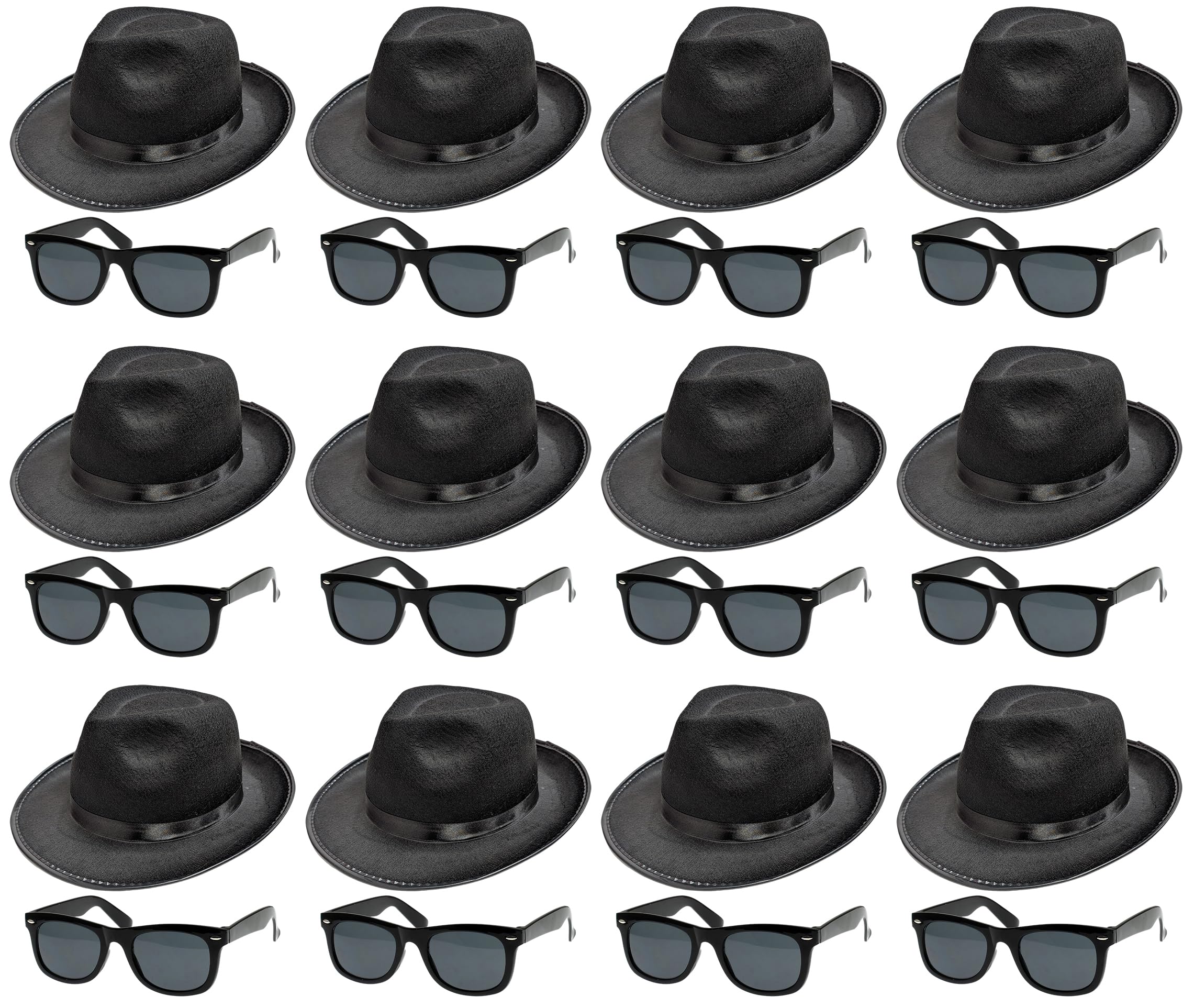 12 x Blues Brothers Hat & Glasses Set – Black Fedora Hats with Satin Bands & Dark Lens Sunglasses – Iconic 1980s Blues Tribute Fancy Dress Costume Accessories for Adults – Bulk Pack for Group Costumes