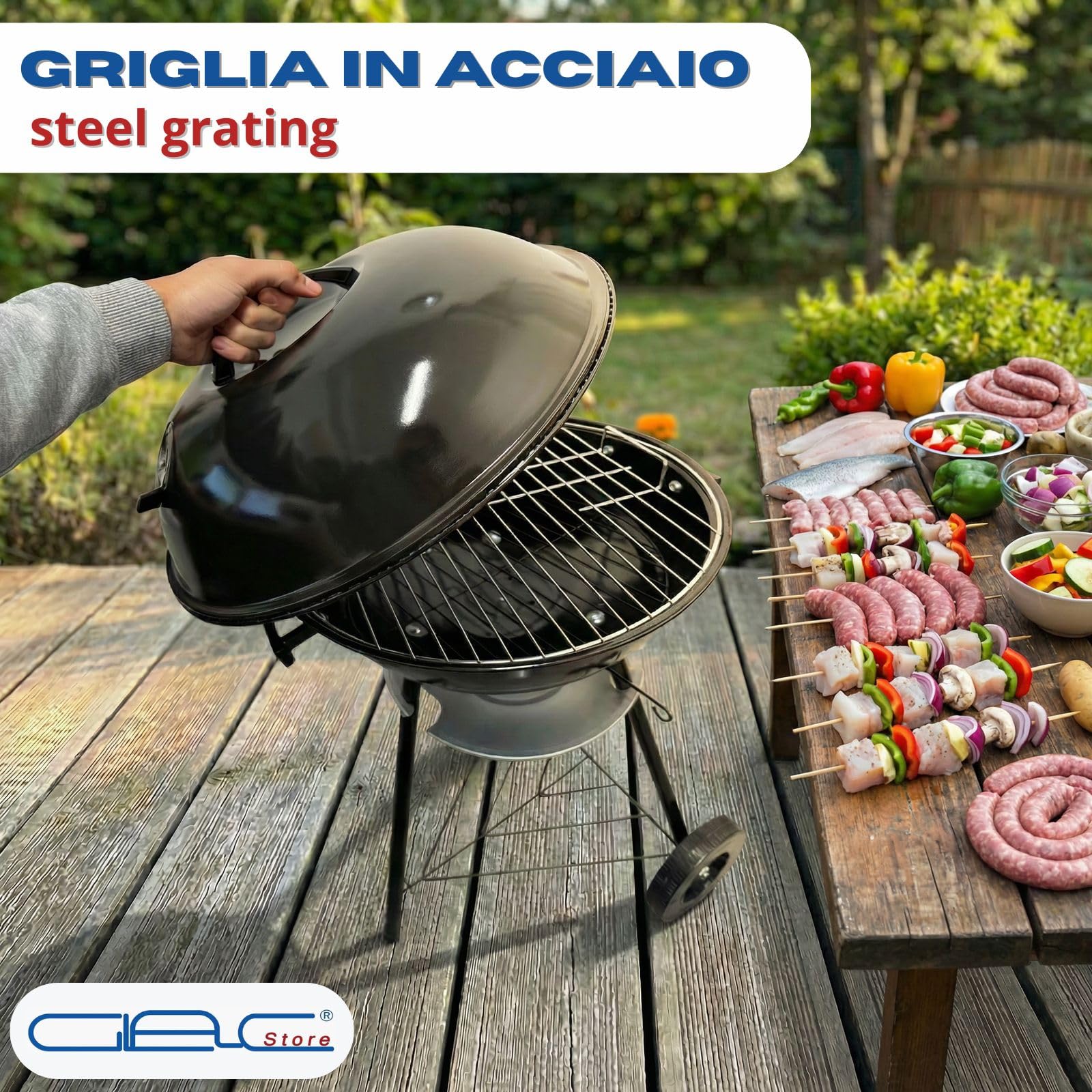 Barbecue a Sfera con Coperchio, Grill a Carbonella da Esterno, Ø 44 cm, 70 cm Altezza, con Ruote e Raccoglicenere, Nero