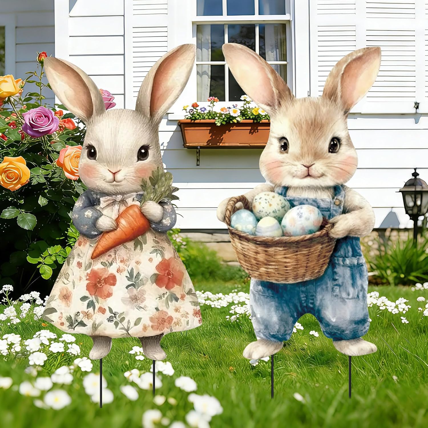 2 Pcs Easter Metal Vintage Bunny Yard Signs, Retro Bunny Couple Easter Decorations Outdoor, Farmhouse Rustic Rabbit Hanging Wall Decor with Carrot Eggs for Home Family Outside Spring Patio