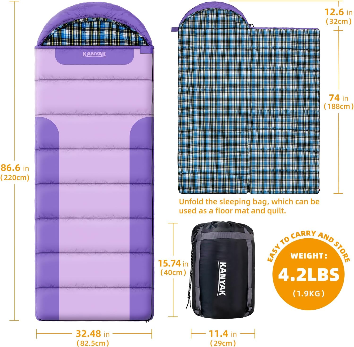 Cotton Flannel Lined Sleeping Bag for Adults Teens Kids, Cold Weather &Warm, 3 Seasons, Lightweight Compact Camping Essentials Equipment, Hiking, Outdoor, Travel - Image 2