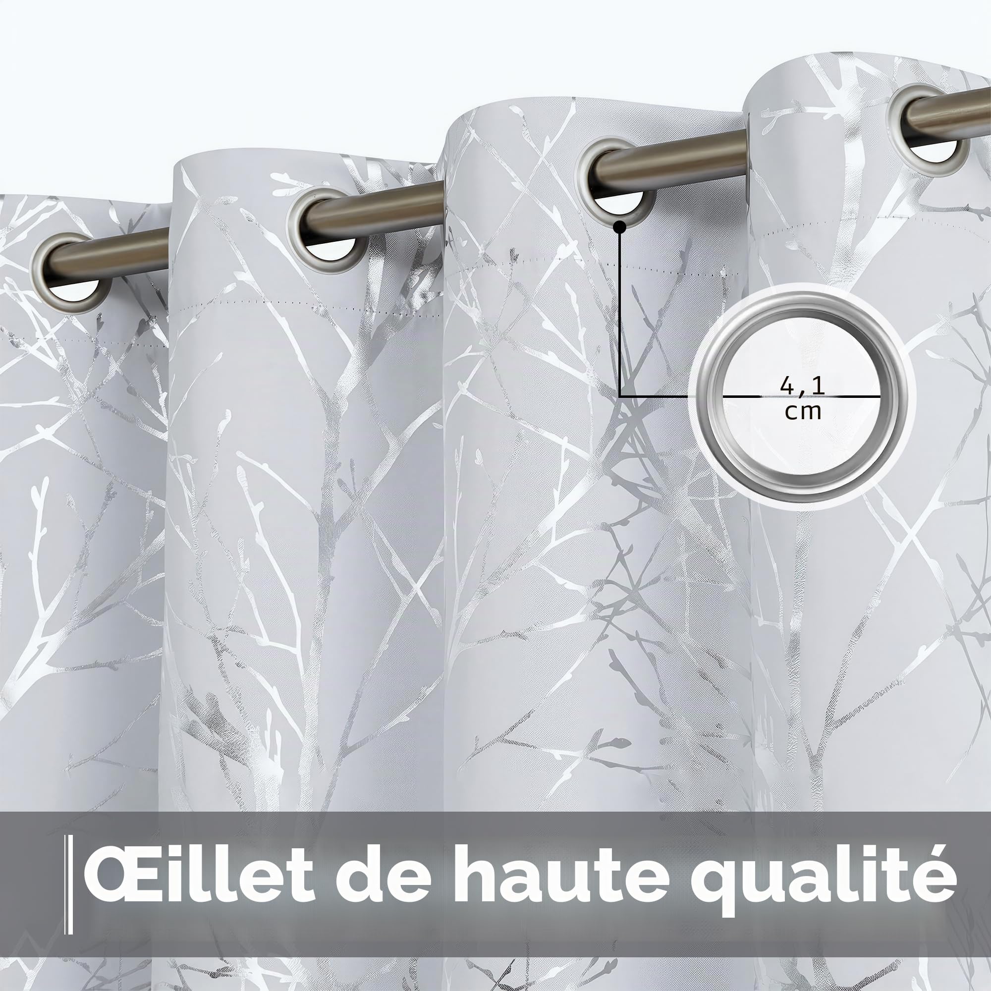 Fmfunctex Lot de 2 rideaux occultants blancs à motif de branche d'arbre argenté pour salon, chambre à coucher, chambre à coucher, rideaux de fenêtre occultants à isolation thermique avec œillets pour