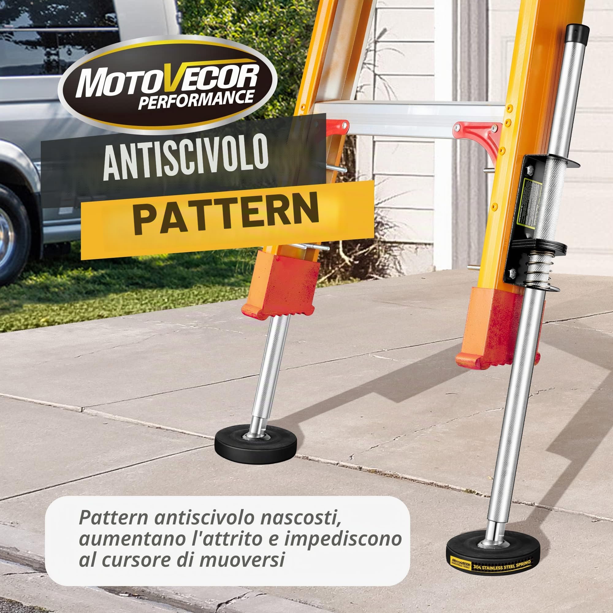 Bravex Coppia di livellatori a scala regolabile con piedini in gomma antiscivolo incisi con motivo antiscivolo in acciaio, asta di estensione per stabilizzatore per scalette, accessori universali per