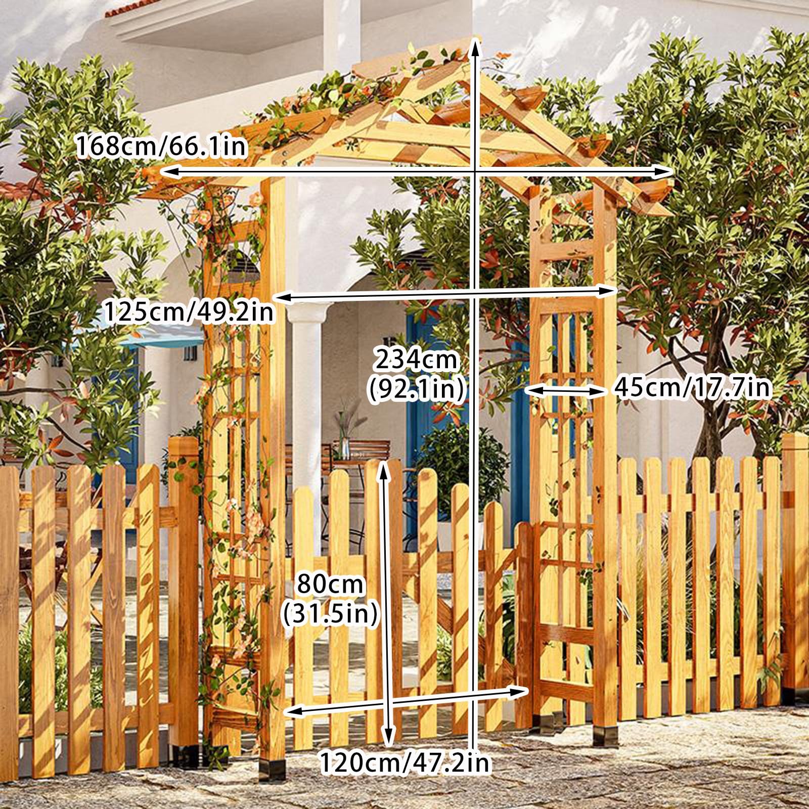 Drewniany łuk ogrodowy z drzwiami – altana pergola na wesela, imprezy i rośliny pnące, idealna do dekoracji trawnika i patio