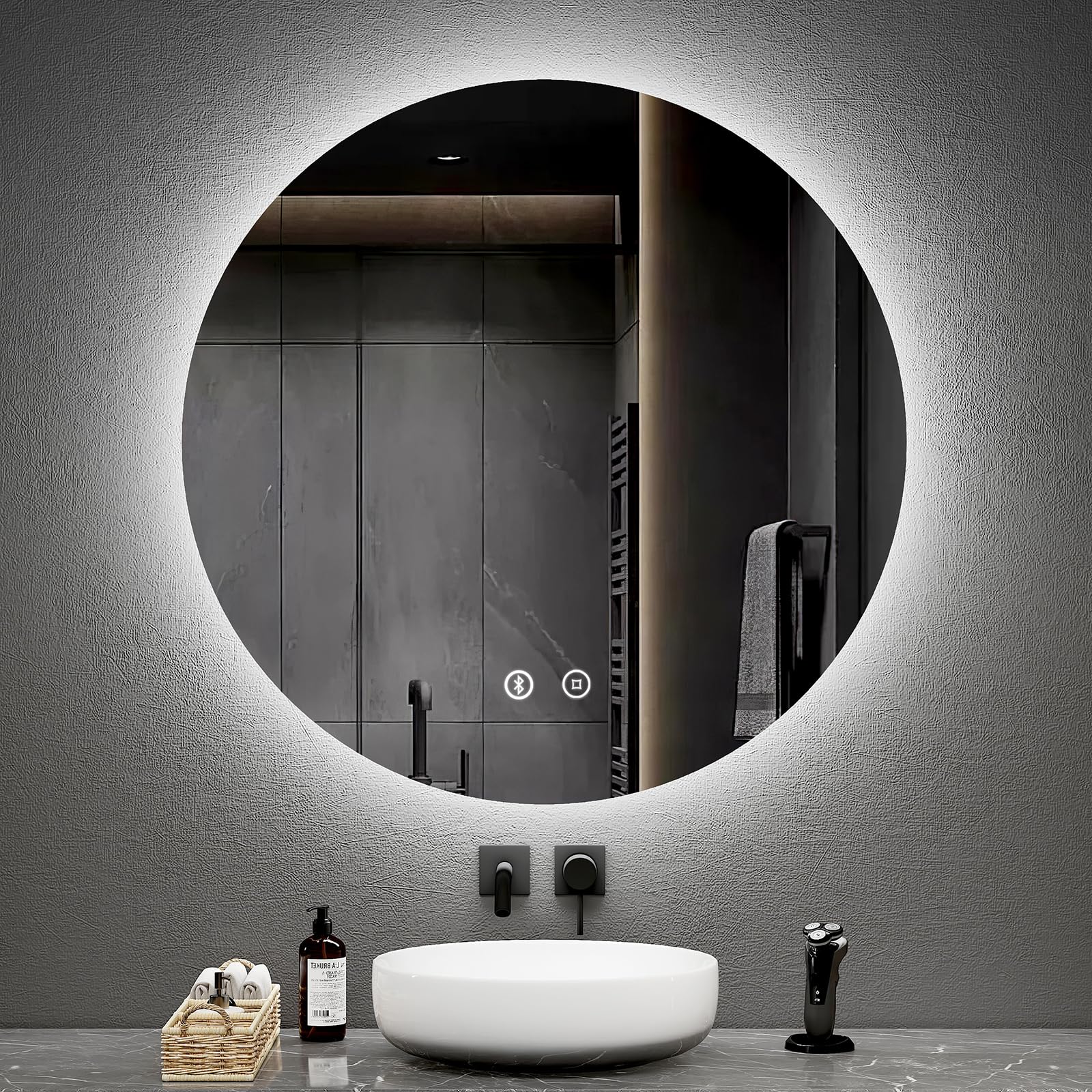 EMKE 80cm Frameless Round LED Bathroom Mirror, Bluetooth Speaker & Touch