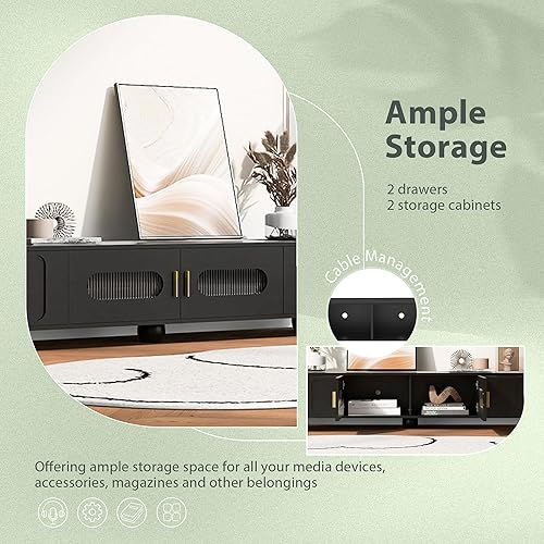 Miniatura 5 de Soporte de TV de 70 pulgadas con estantes y cajones de almacenamiento, moderno soporte de TV LED con vidrio, soporte de TV de alto brillo, centro de