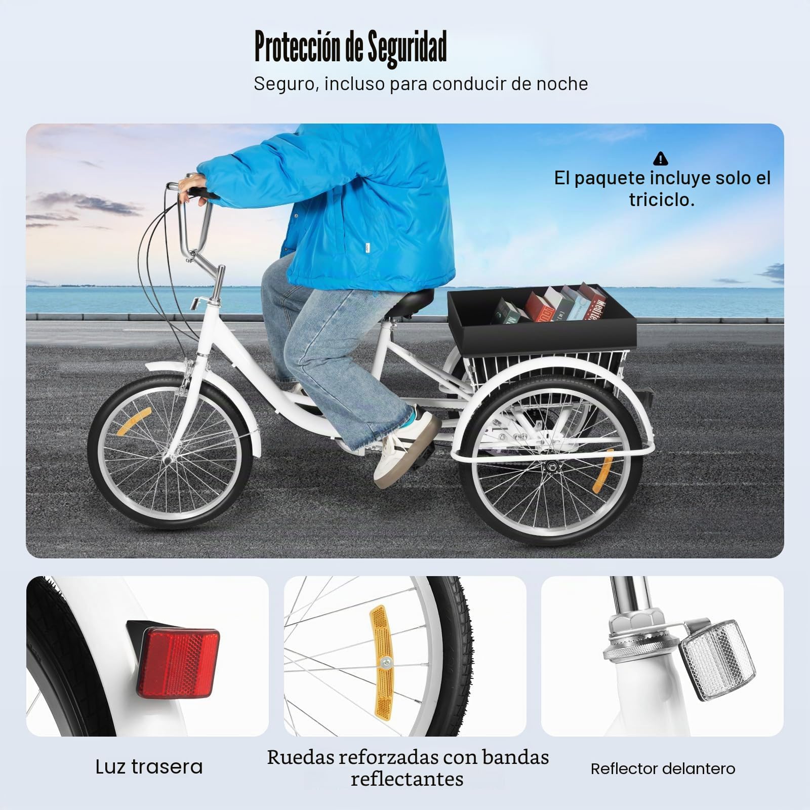 Triciclo de 20 Pulgadas para Adultos, Bicicleta Urbana de 3 Ruedas con Cesta, 8 Velocidades, Ajustable en Altura, Negro y Blanco