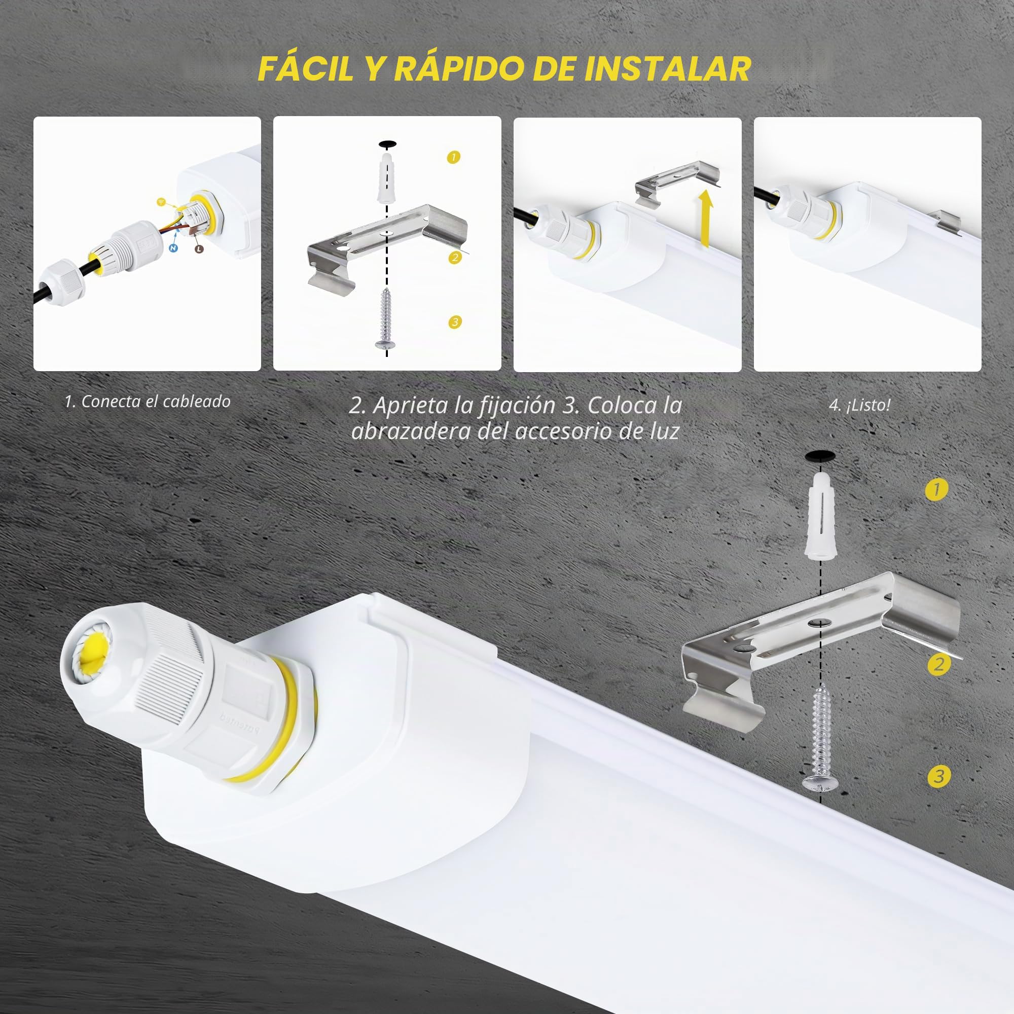 GeyouLux Fluorescente LED 150cm Plafon, 60W 7560lm 5000K IP65 Estanca Tubo, Sin Parpadeos Pantalla LED, Con Cable de Puesta a Tierra y Conexión en Serie, 240 LEDs para Taller Garaje Cocina, Blanco