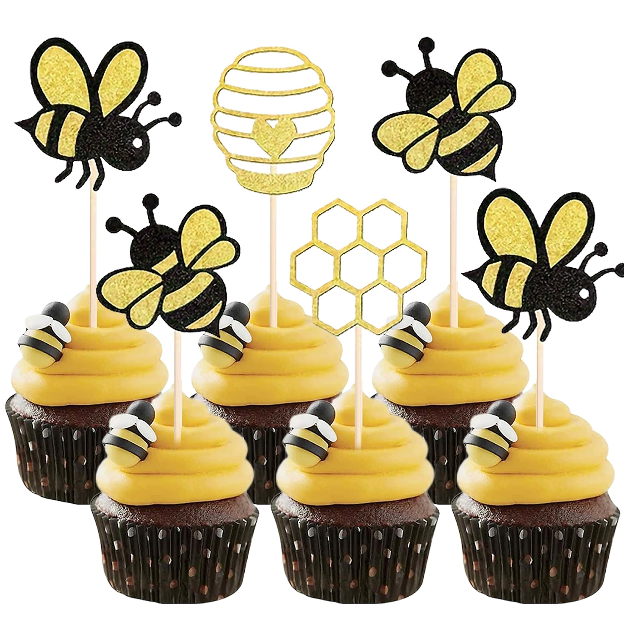 24 Pcs Bumble Bee Cupcake Toppers, Glitter Heart Honeycomb Bee Cupcake Decorations for Bee Theme Party Baby Shower Bee Cake Decoration