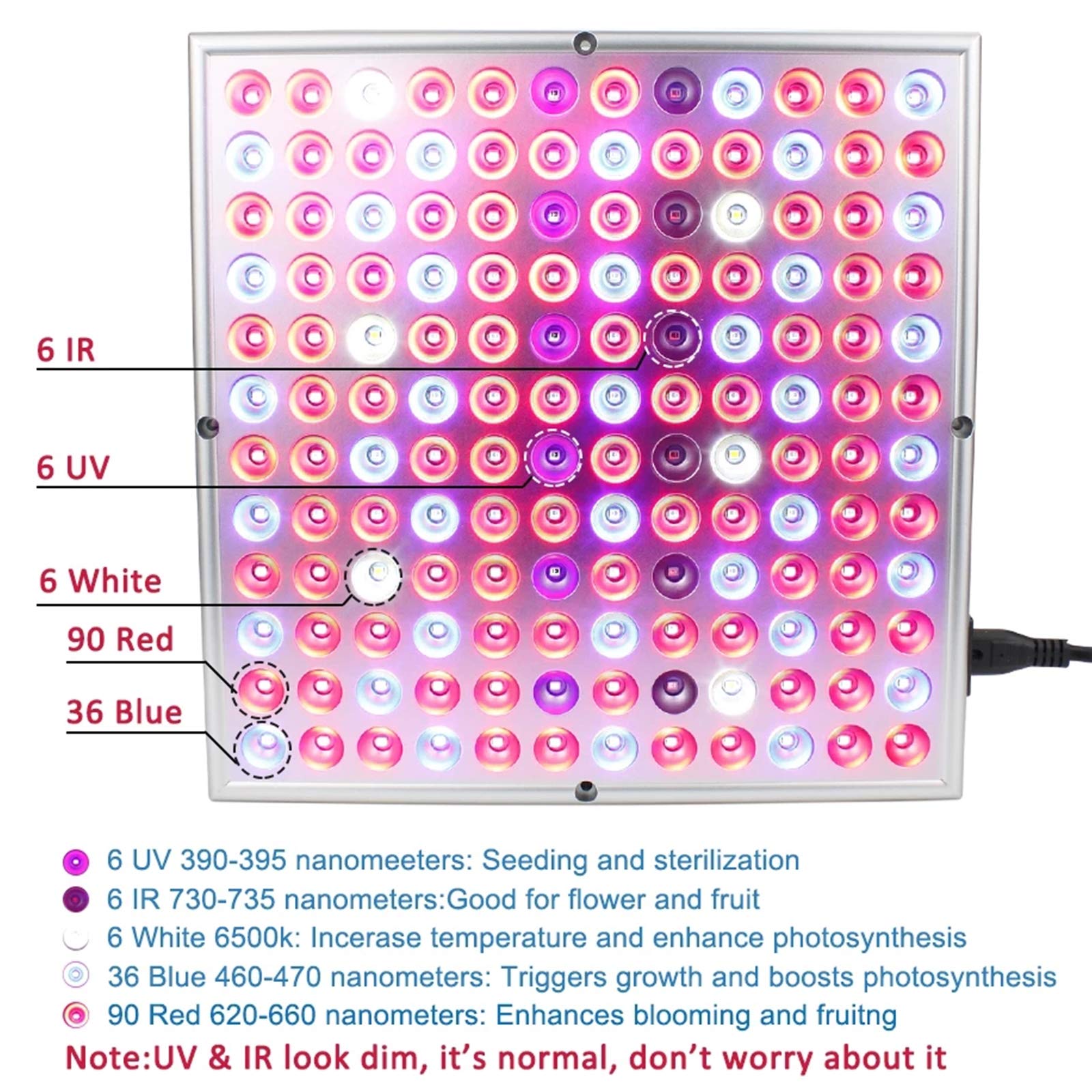 LED Grow Light Panel De Espectro Completo Plantas De Interior Luces De Cultivo Lámpara De Planta con IR Y UV Rojo Blanco Azul Luces De Planta LED para Hidroponía Invernadero Plántula Vegetal