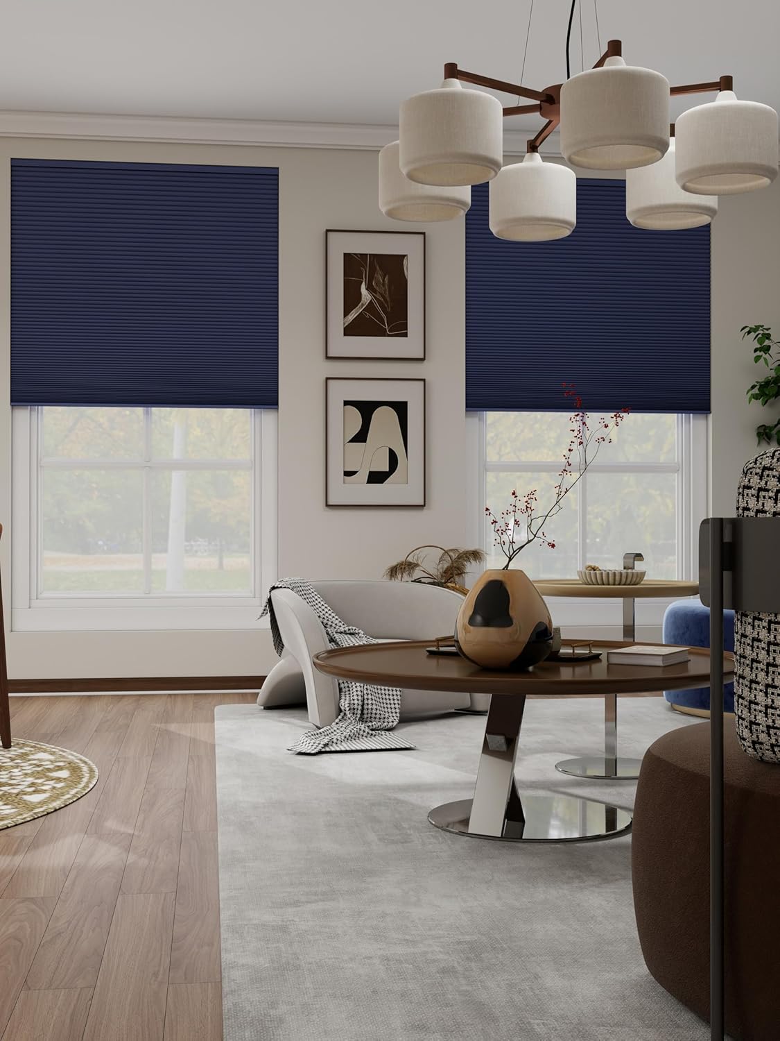 No Drill Cellular Shades, Dark Blue Custom Size Cordless Blackout Pull Down Pleated Honeycomb Blind Thermal Insulated Easy Install for Indoor Window Bedroom Living Room Kitchen Door