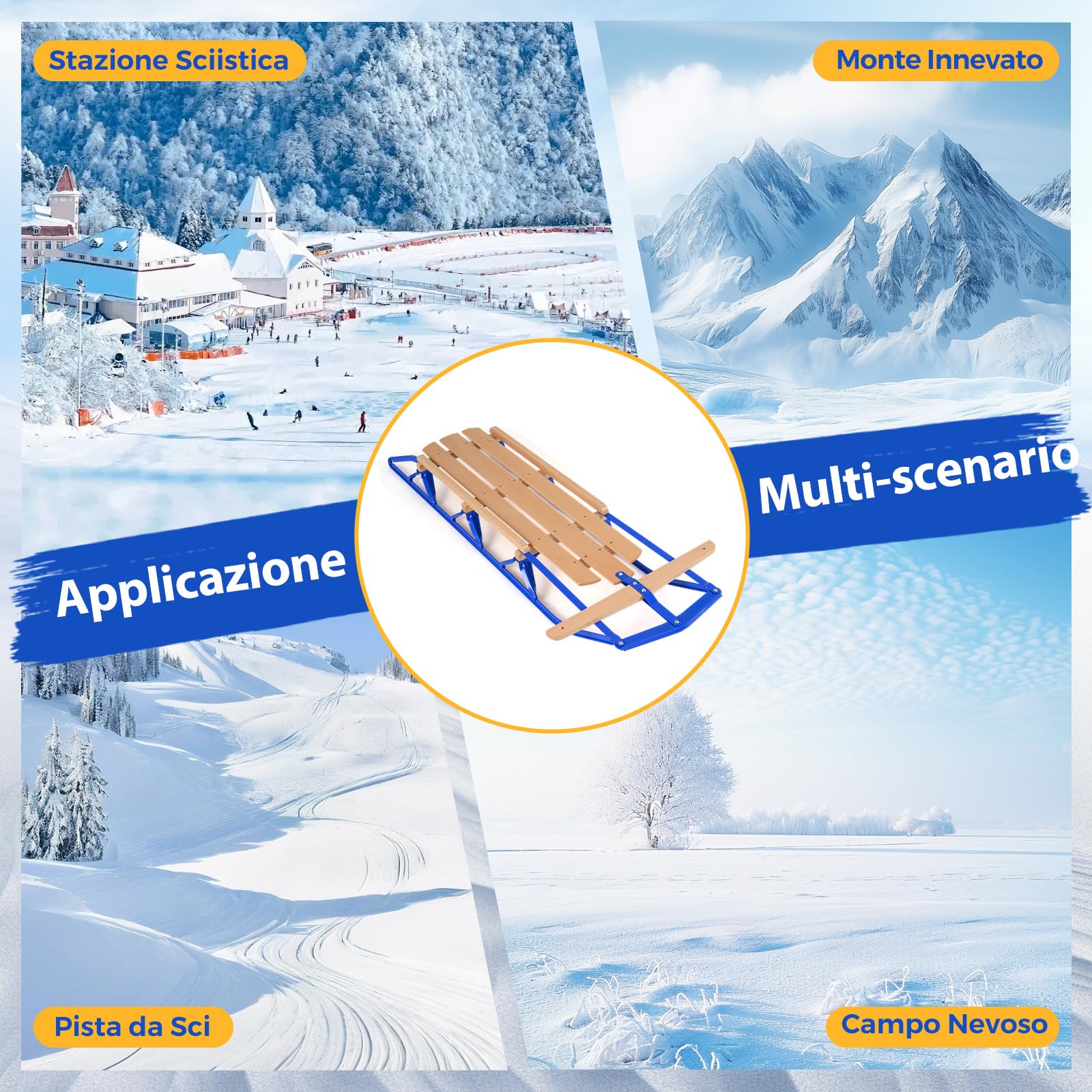 COSTWAY Slittino da Neve, Slittino per Bambini e Adulti con Barra di Direzione, Fori Preforati e Maniglie, Slitta da Neve in Legno e Metallo Vernicato, Carico Massimo 150 kg