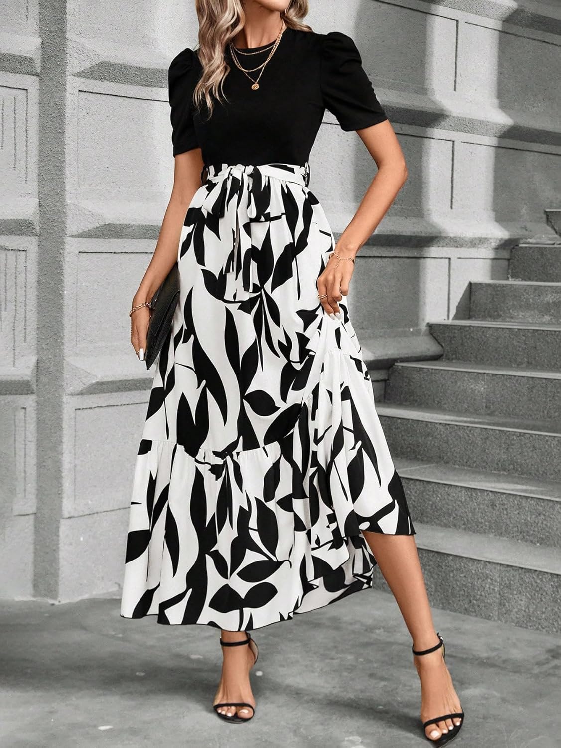 PerZeal Women's Casual Summer Crewneck A Line Short Sleeve Print Flowy Boho Long Maxi Dress with Belt - Image 2