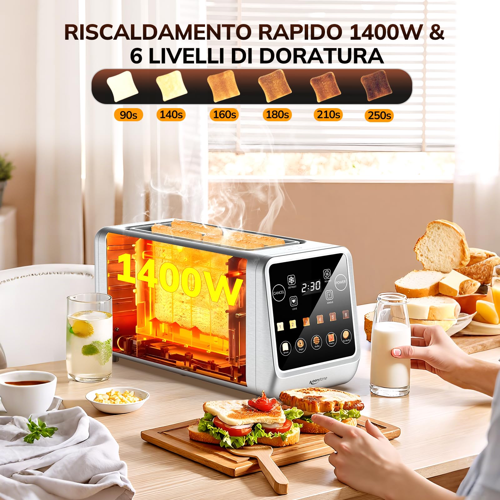 Keenstone Tostapane 4 fette, LED Display Touch screen e funzione memoria, timer, scongelamento e riscaldamento, tostapane in acciaio inox con 6 livelli di doratura, 5 programmi per il pane