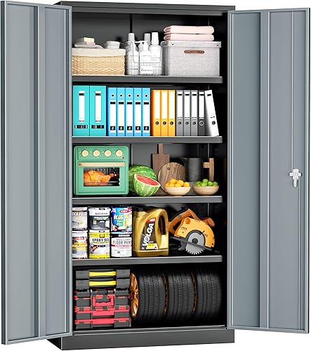 Miniatura 10 de Superday Gabinete de almacenamiento de metal de 72 x 36 x 18 pulgadas, armario de almacenamiento alto con 2 puertas y 4 estantes, gabinete grande de