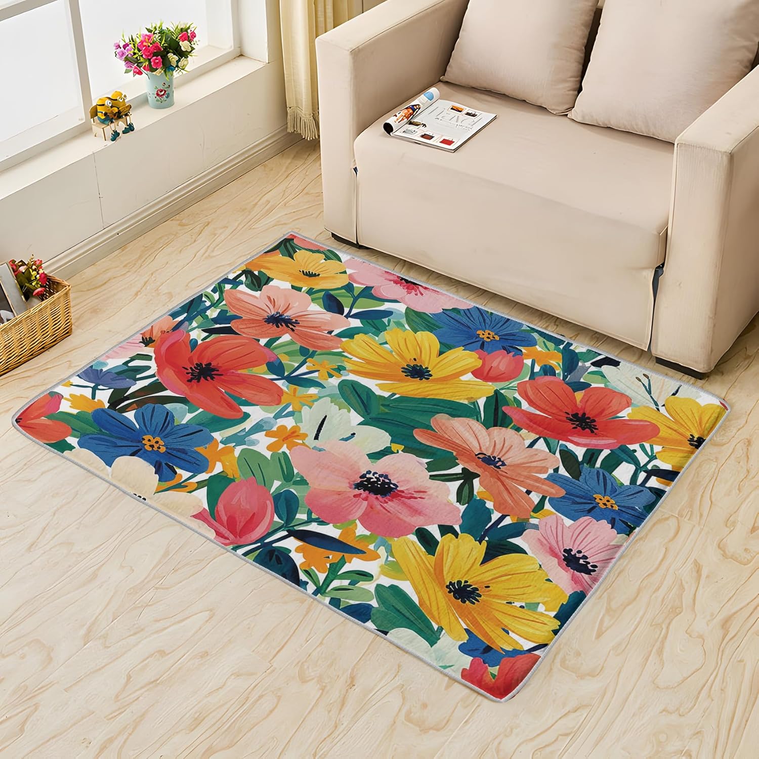 Colorful Poppy Area Rug 2x3 Door Mat, Washable Floral Rugs for Entryway, Soft Non-Slip Flower Carpet for Indoor Living Room, Small Low Pile Flannel Home Decor Rug