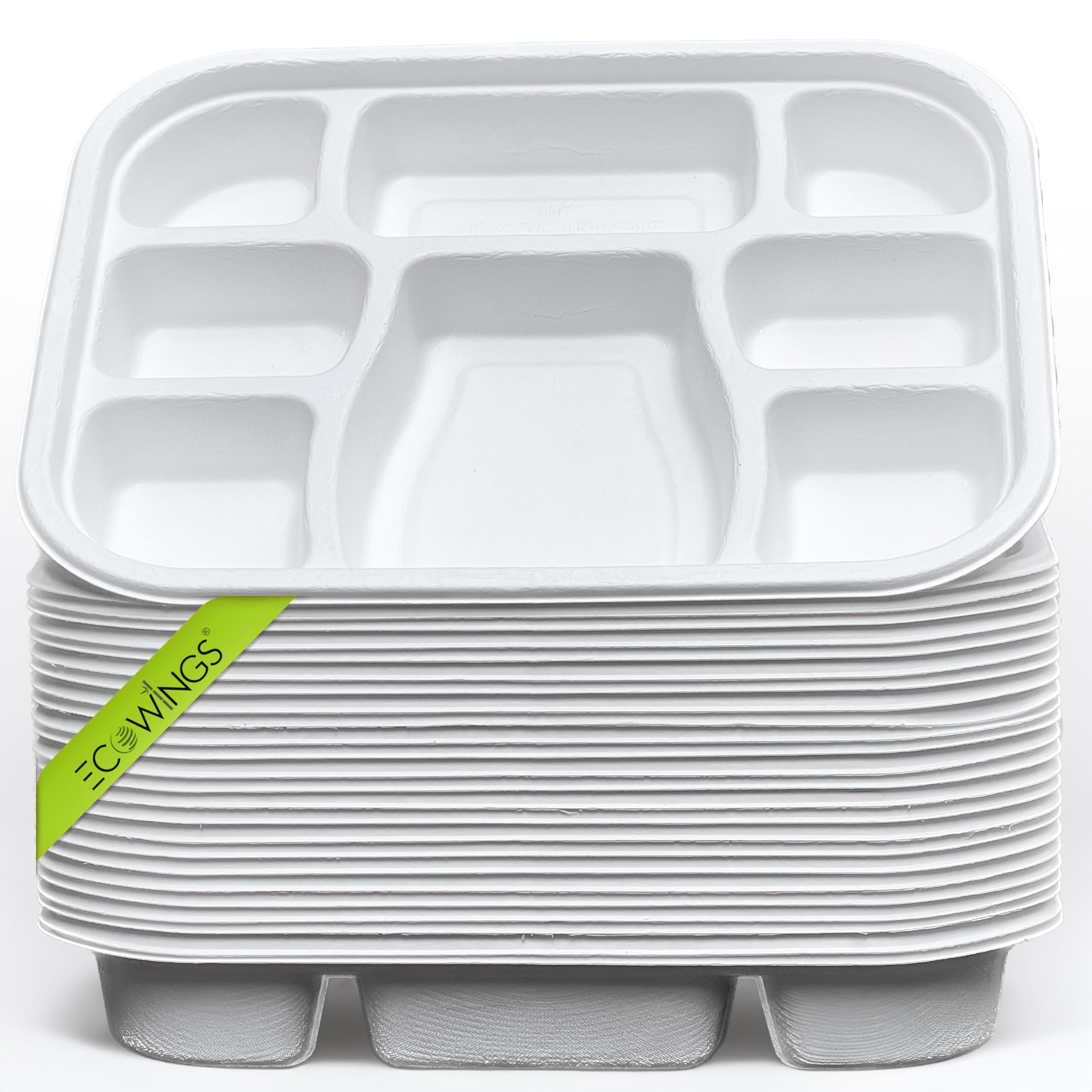 ECOWINGS Disposable Plates - 8 Compartments. Pack of 25 Bagasse Biodegradable Plates with Deep Portions. Eco-Friendly, Sturdy, and Stylish Solution for Parties and Thali-Style Presentations