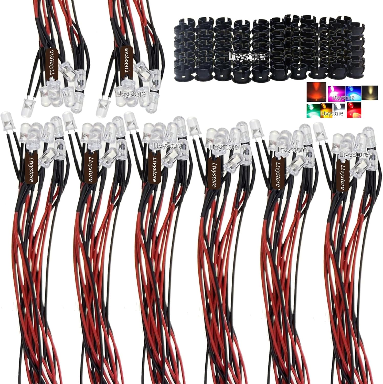 80Pcs 5MM 5V 8Colors LED Pre Wired Prewired Lamp Light Bulb Prewired Emitting Diode +80Pcs Black 5MM LED Plastic Clip Holder Display Panel