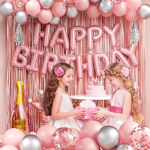 Miniatura 5 de Decoraciones de cumpleaños rosas para mujer con pancarta, cortinas de flecos, globos de aluminio con temática femenina, globos para decoraciones de