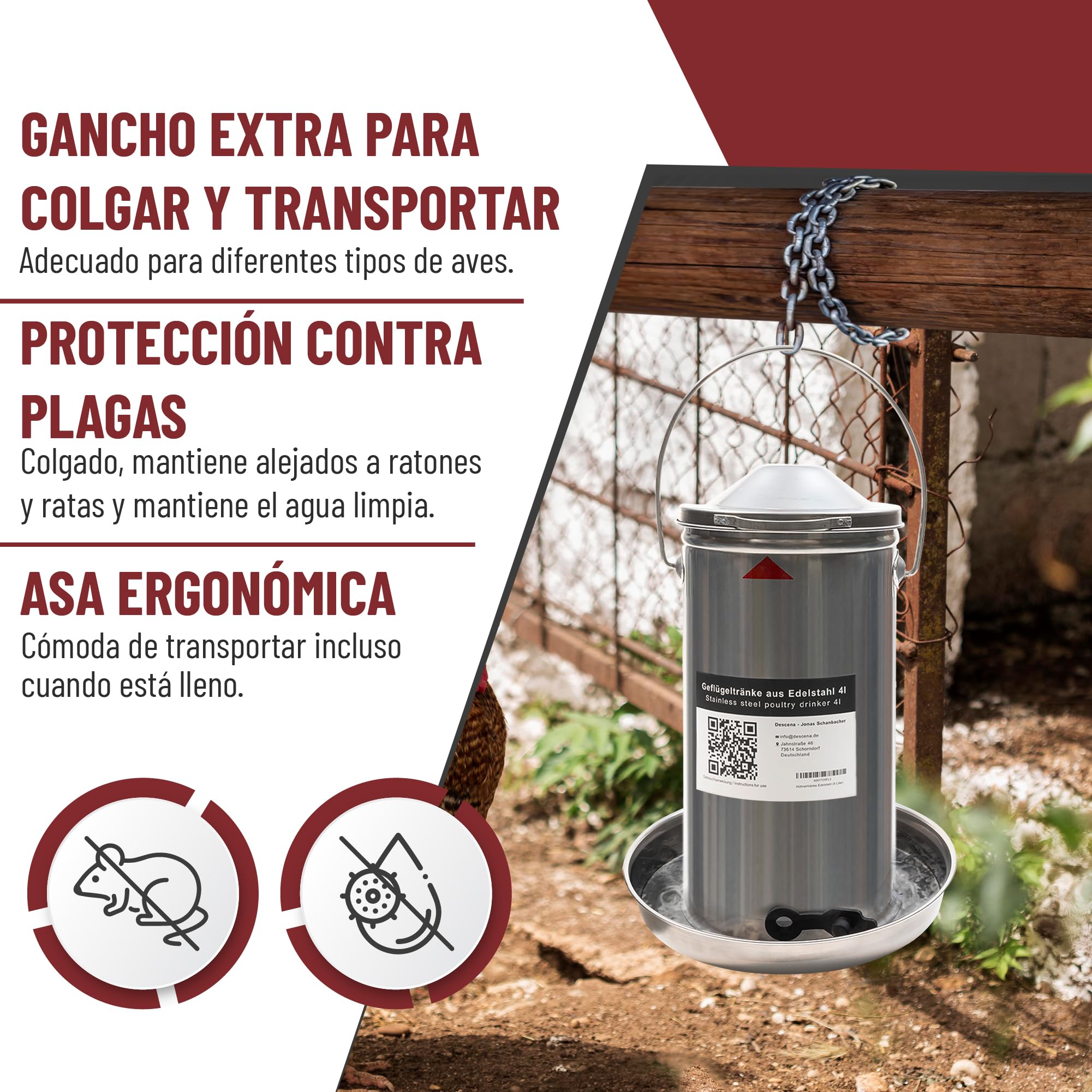 Bebedero para Gallinas 4L de Acero Inoxidable 304 (V2A) – Llenado Superior, Compatible con Calentadores y Placas calefactoras, para gallinero