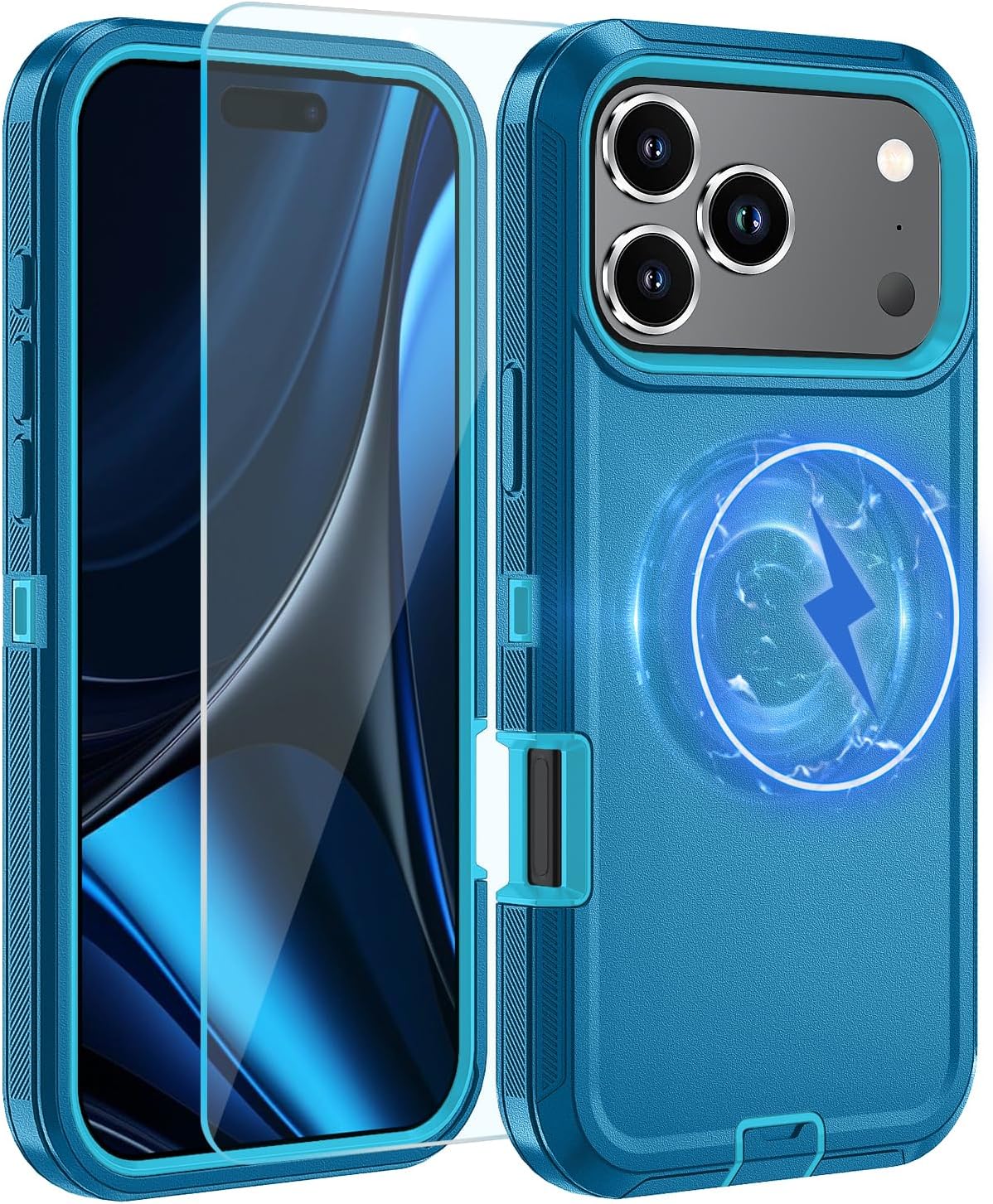 Magnetic for iPhone 17 Pro Max Case,with Belt Clip,[Compatible with Magsafe] W/Tempered Glass Screen Protector,Anti-Drop,Shockproof,Heavy Duty Protection (Lake Blue)