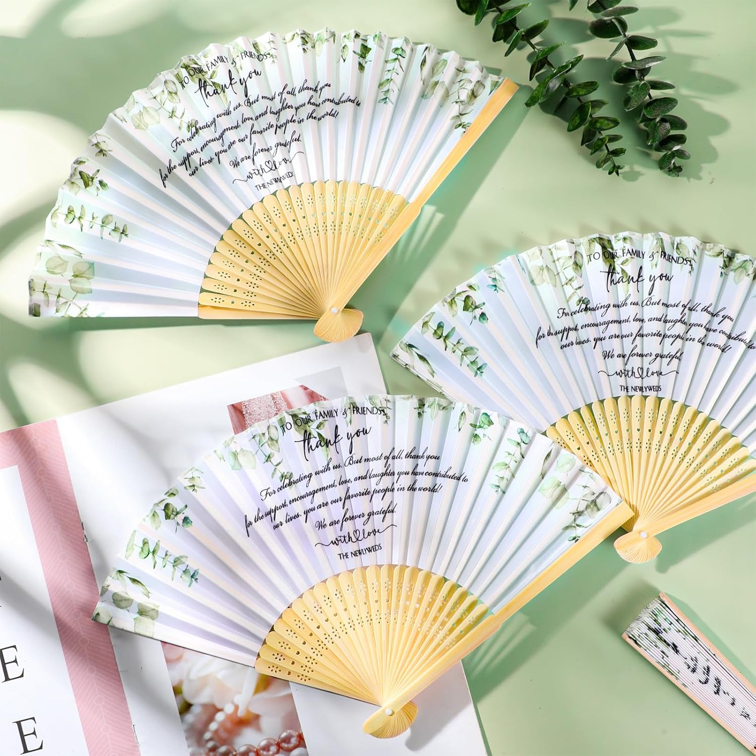 Unittype 60 Pcs Folding Hand Fans Bulk for Guests Silk Bamboo Folded Handheld Fans Decorative for Bridal Shower Favors Wedding Party Supplies Family Friends Thank You Gifts(White Green,Wedding)