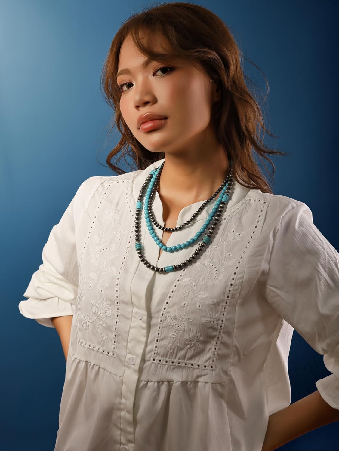 MINACHI Boho Multi Layer Necklace with Green Stone Beads, Handmade Beaded Chain Necklace, Vintage Hippie Jewelry for Women - Image 2