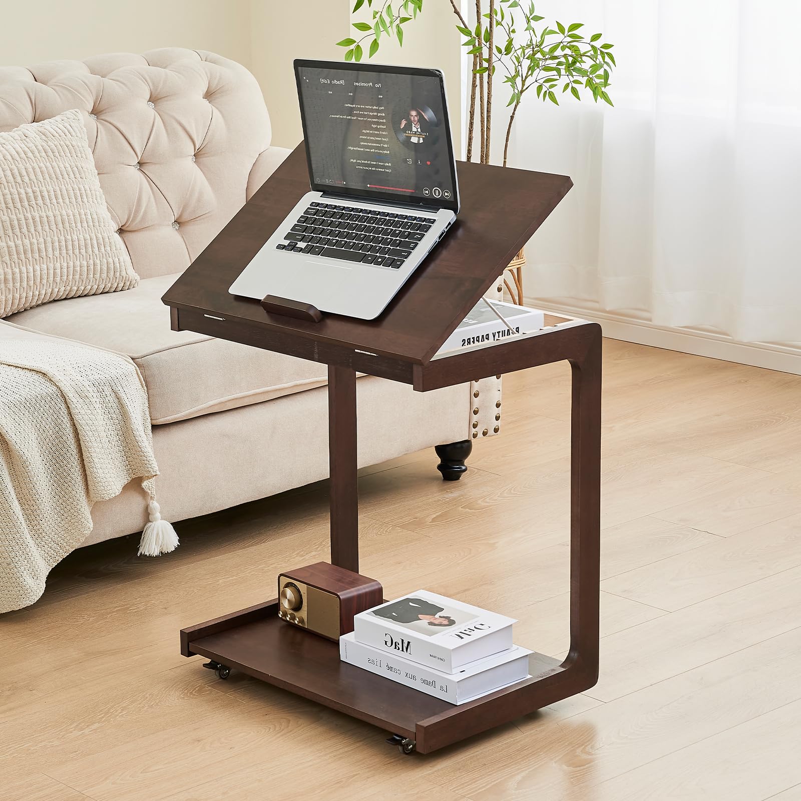 Uniclinens Rolling Side Table, C Shape Couch End Table with Wheels, Mobile Wooden Sofa Tray, Movable Small Couch Desk for Bedroom Living Room, Dark Walnut