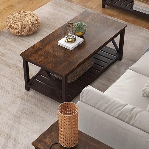 Miniatura 36 de ChooChoo Mesa de centro de granja, mesa rústica vintage para sala de estar con estante, 40 blanco Blanco,Negro -,Espresso,Negro puro,Roble rústico y