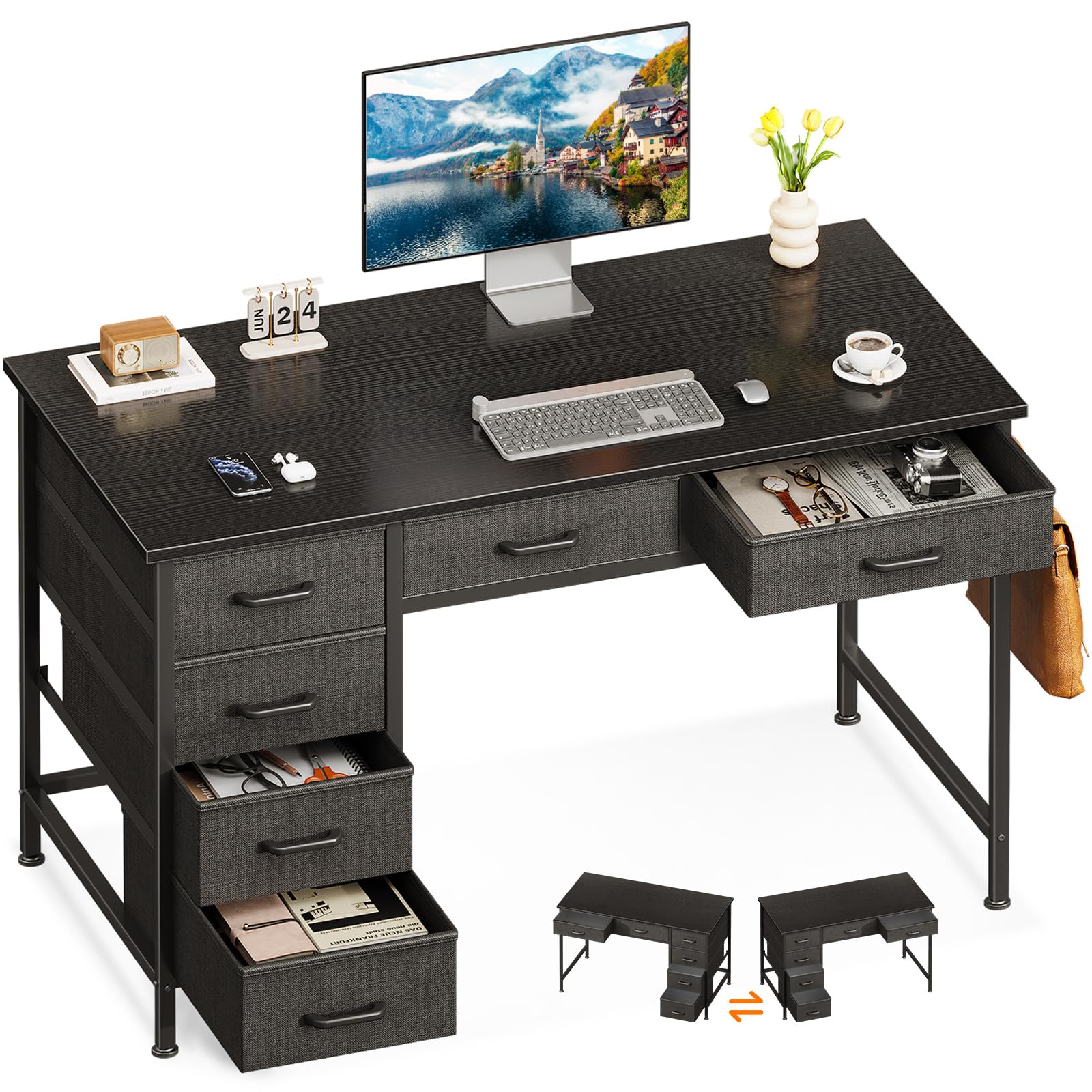 ODK Computer Desk with 6 Drawers, 40 Inch Small Desk with Storage, Reversible Desk with Headphone Hook for Home Office, Work Study Table for Bedroom,