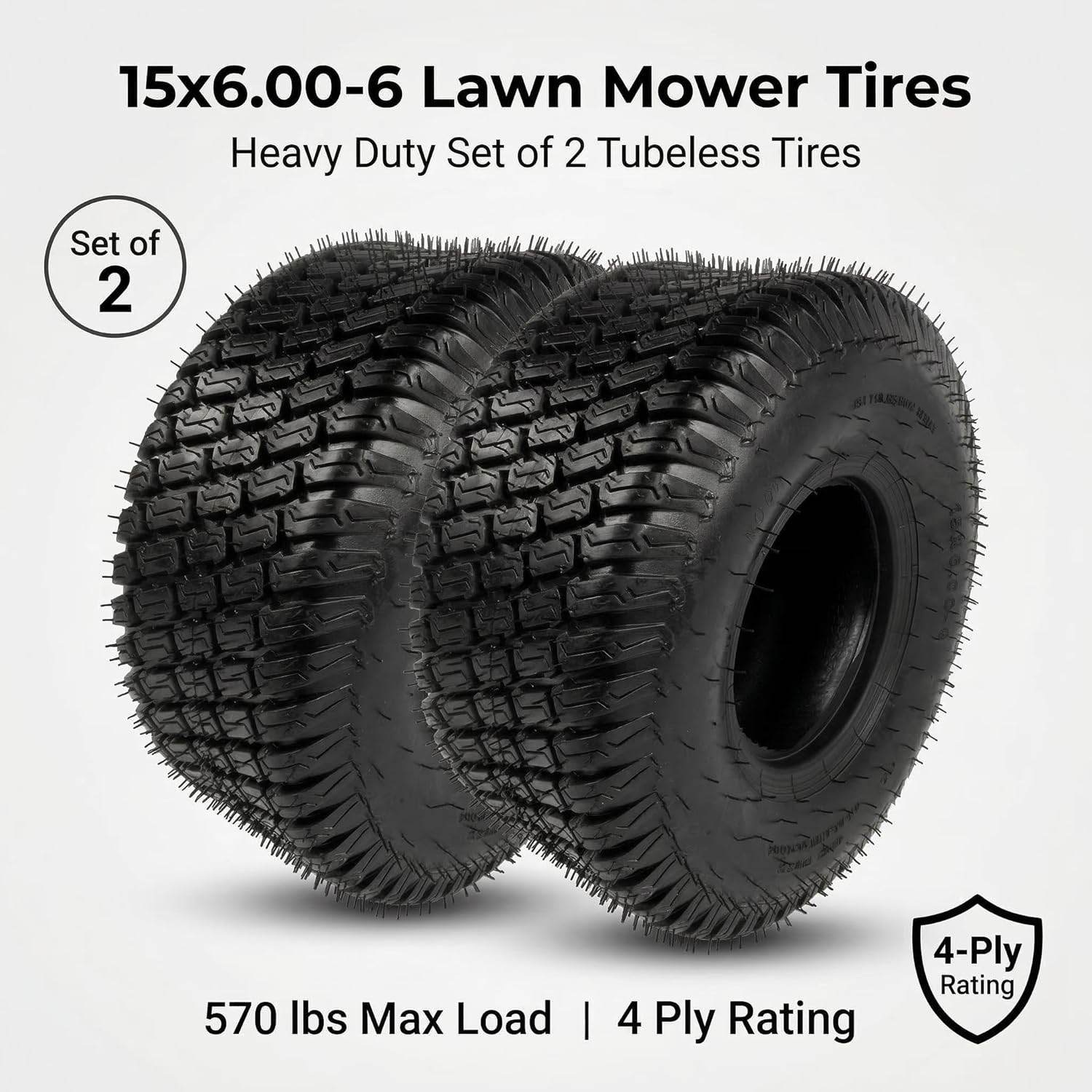 15x6.00-6 Heavy Duty Lawn Mower Tire, Tubeless Tractor Turf Tire, 570 lbs Load Capacity, Metal Construction, Commercial Grade