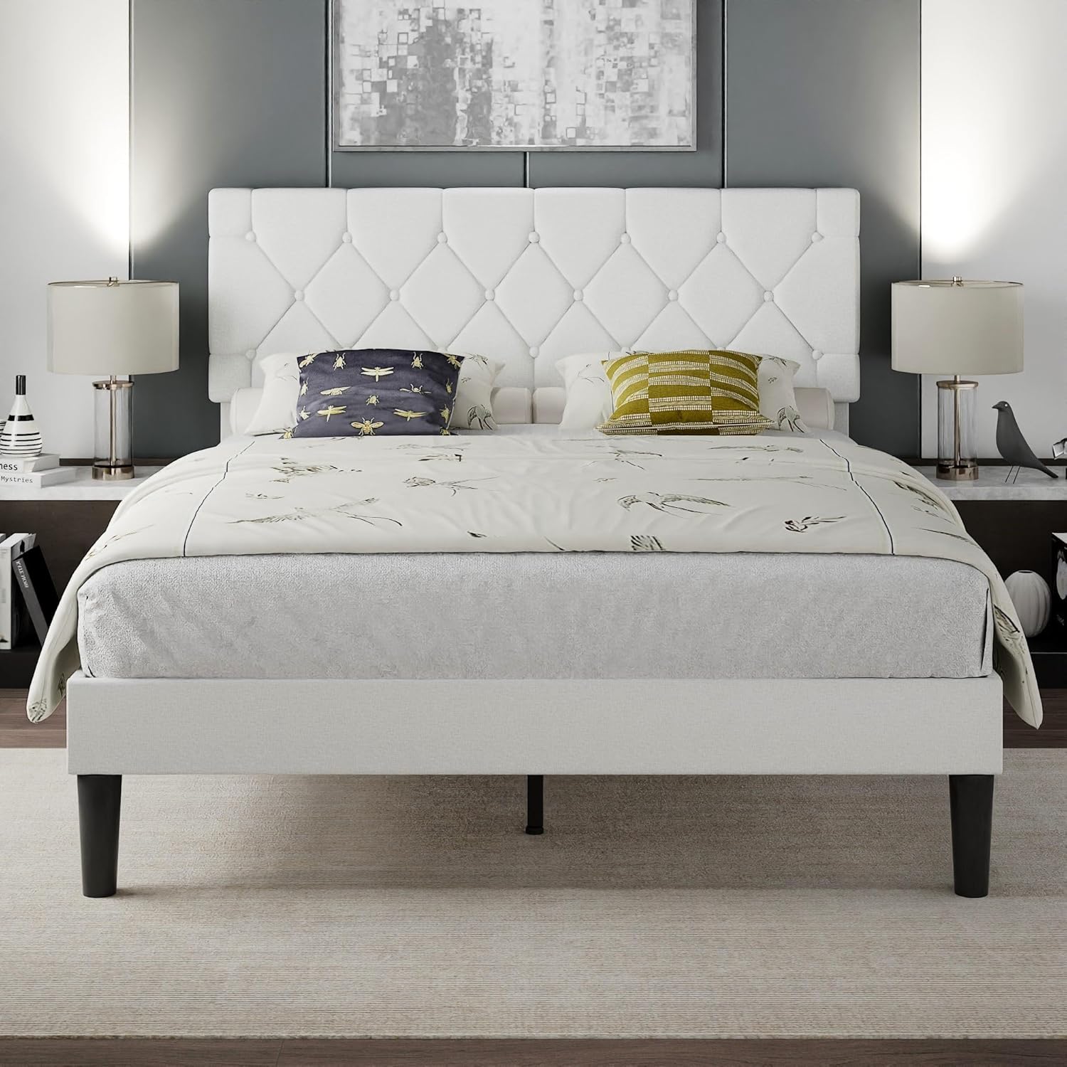 VECELO Full Size Bed Frame with Button Tufted Headboard, Upholstered Platform with Wooden Slat Support, No Box Spring Needed, White