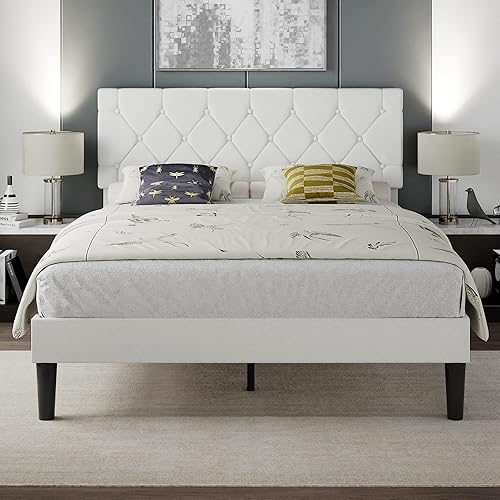 VECELO Base de cama Queen con cabecera capitoné con botones, plataforma tapizada con soporte de listones de madera, no necesita somier, color blanco