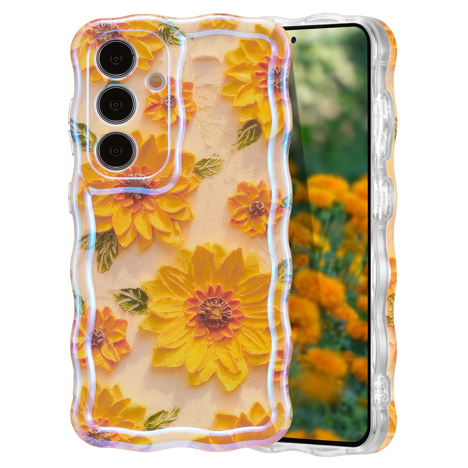EYZUTAK Case for Samsung Galaxy S24 Plus, Colorful Retro Oil Painting Flower Laser Glossy Curly Waves Edge Exquisite Phone Cover Stylish Durable TPU