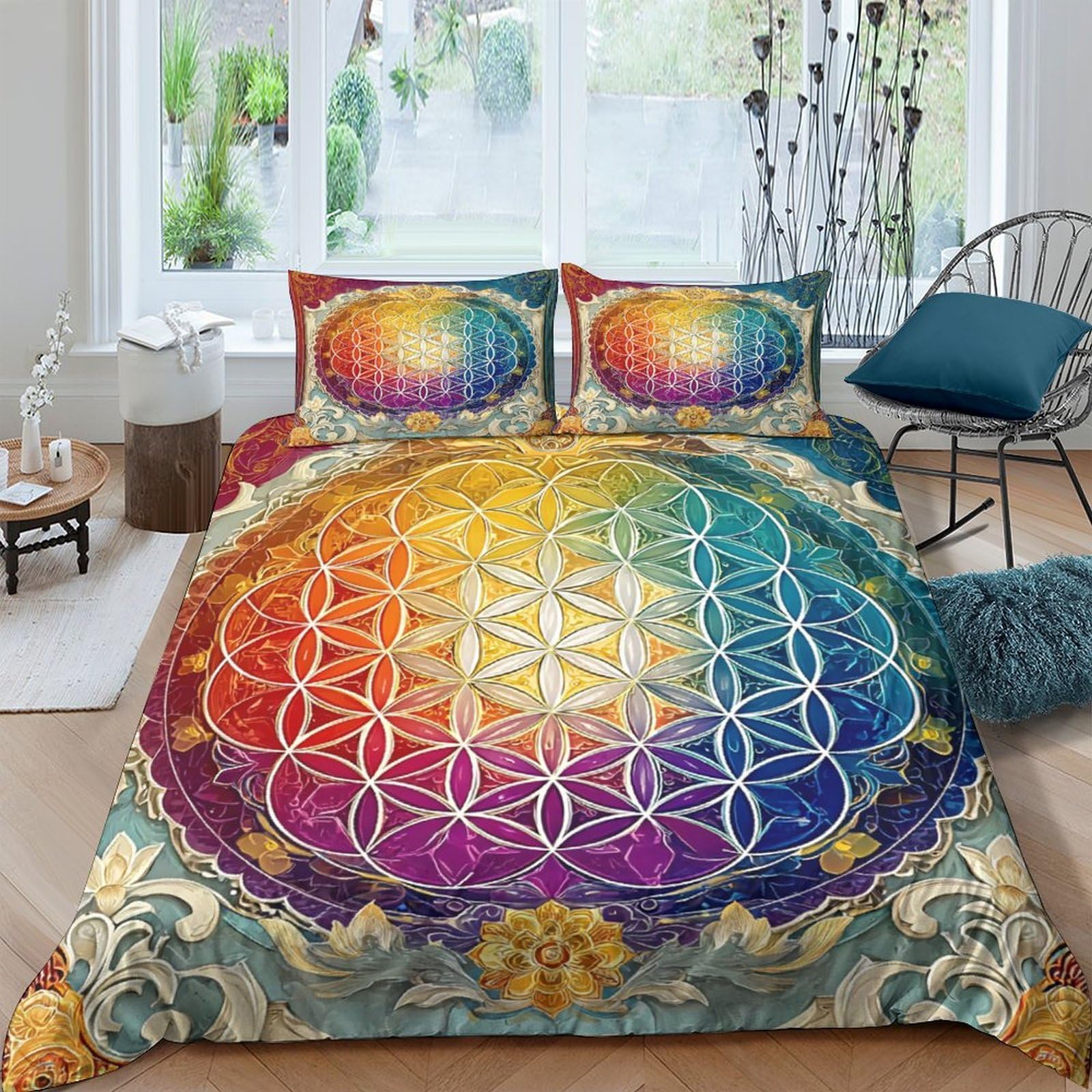 Ctjqhvkz Style-1 3D Printed Rainbow Mandala Fitted Sheet Microfiber Soft Breathable Sacred Geometry Bed Cover For Bedroom Guest Room Mattress Decor Single（135X200cm）