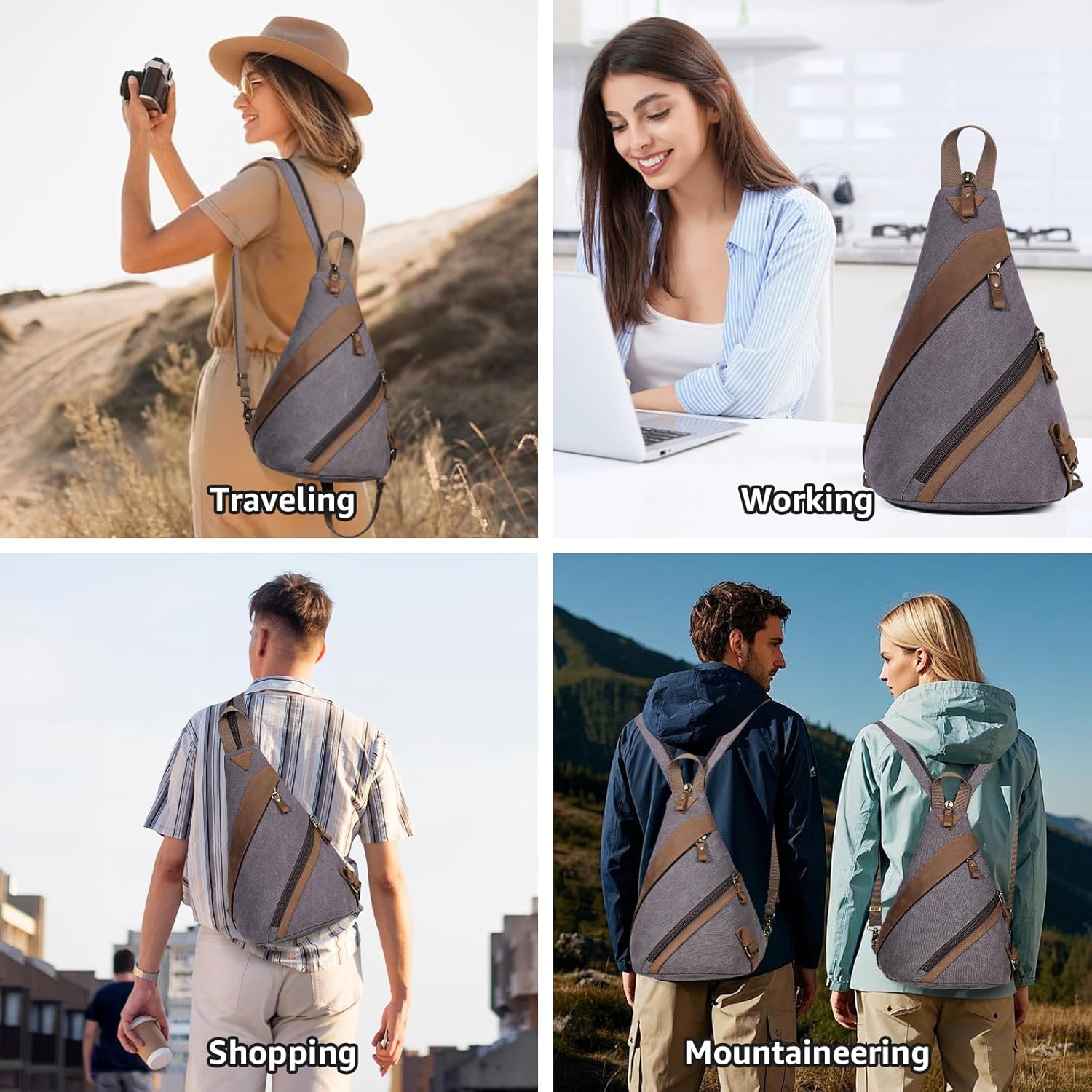 KL928 Canvas Sling Bag for Men Women, Genuine Leather Design Shoulder Crossbody Bags Backpacks Travel Daypack with Earphone Hole Rucksack, Dark Grey - Image 5