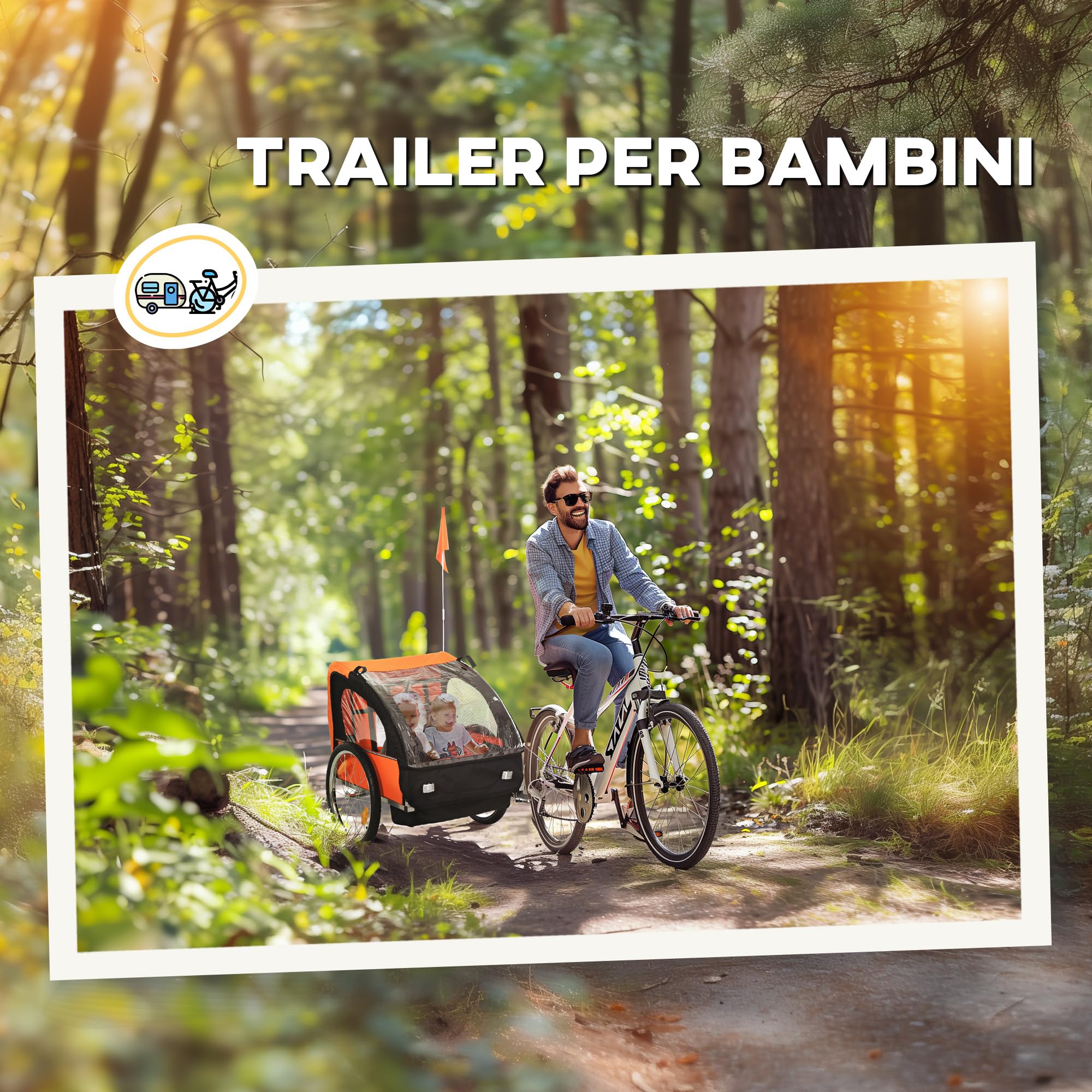 Homcom Rimorchio Bici Bambini 2 Posti con Cinture di Sicurezza Telaio Acciaio Copertura Tessuto Oxford