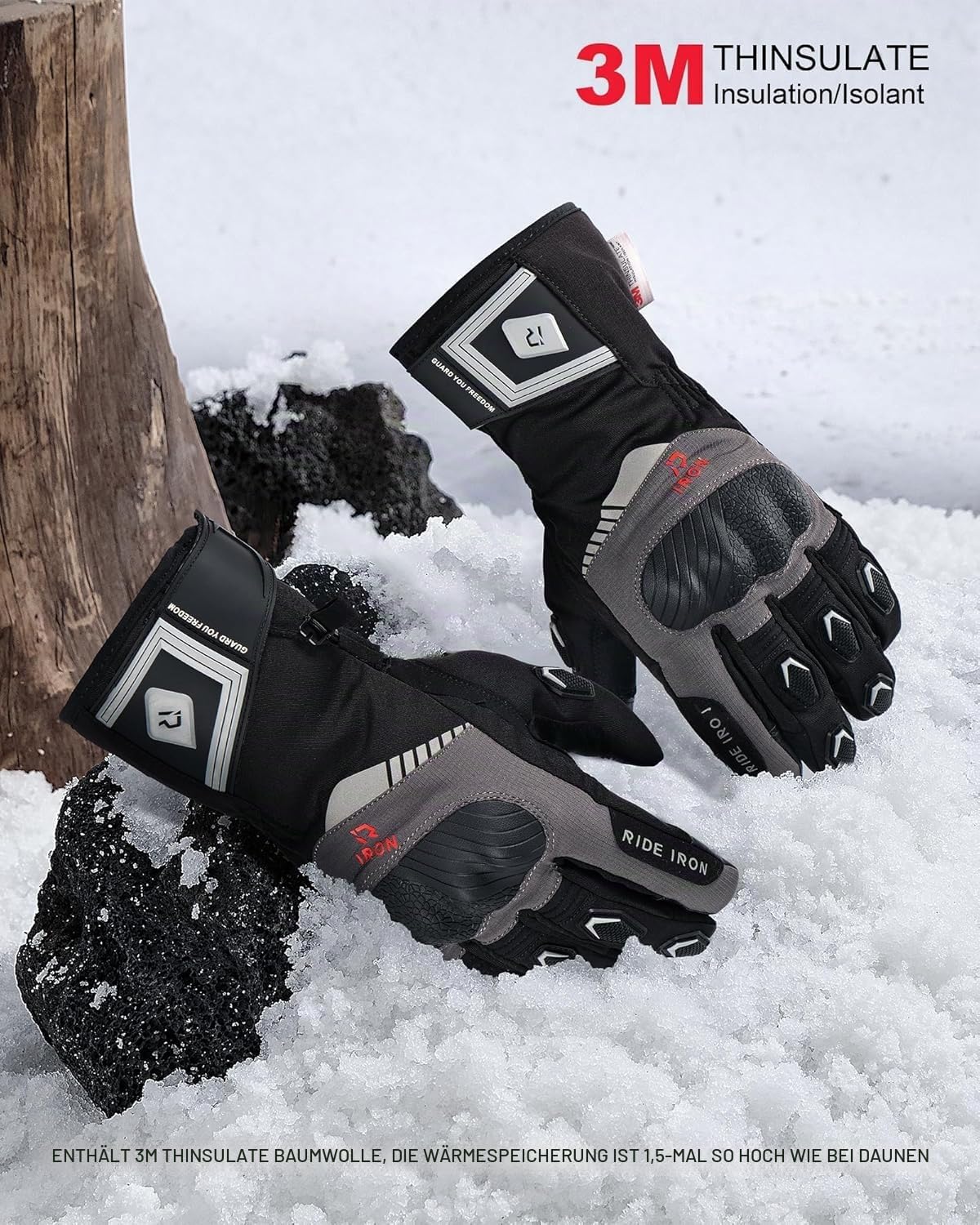 RIDEIRON Winter Motorradhandschuhe Herren, Warm & Wasserdicht, Touchscreen, Verstärkte Zone, 3M Isolierung für kalte Temperaturen，M-XXL