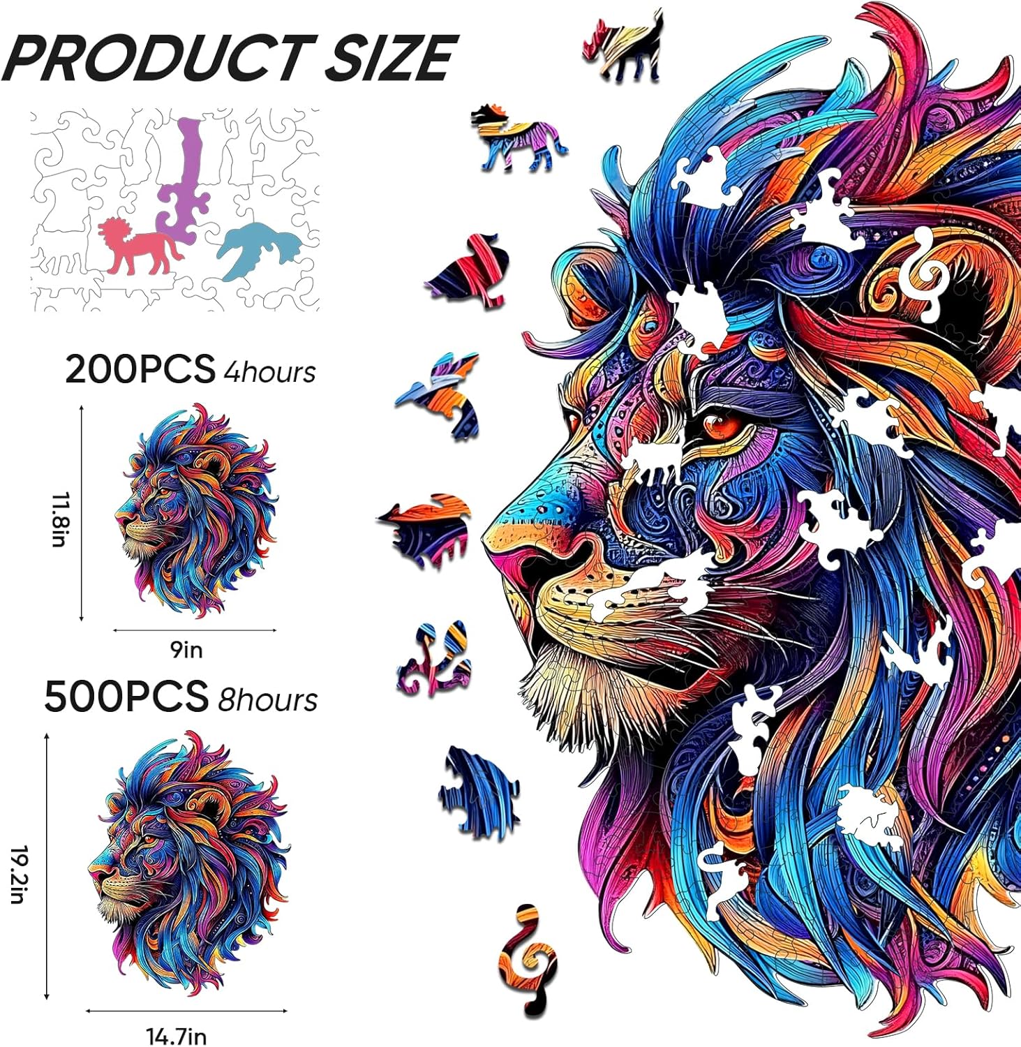 Wooden Jigsaw Puzzle, 500 Pcs Unique 3D Shape Jigsaw Puzzles, Wood Puzzle Gift Box Packing, Medium Size Letter, Creative Gift for Adults and Kids, Fun Challenging (EA2Lion, 500PCS)