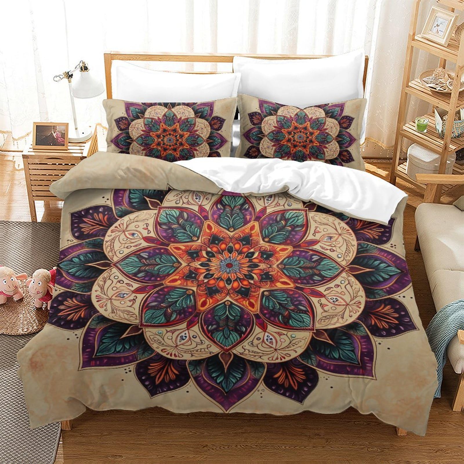 Housse de couette 200x200cm bohéme en microfibre avec 2 taies d'oreiller