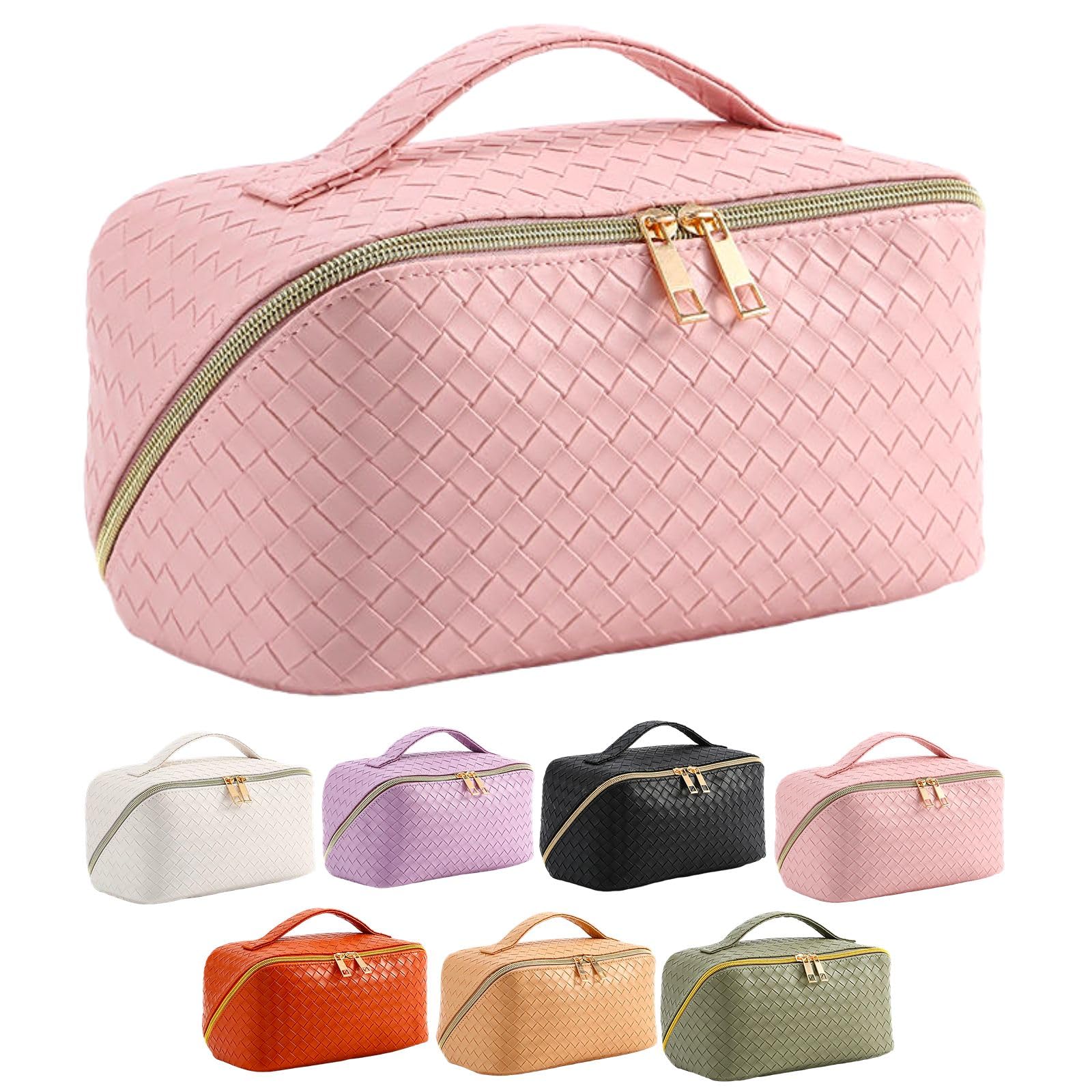 Large Capacity Makeup Bag, Cosmetic Bag Leather Woven Cosmetic Travel Bag Roomy Double Layer Makeup Bags for Women Makeup Pouch Portable Zipper Bags (Pink)