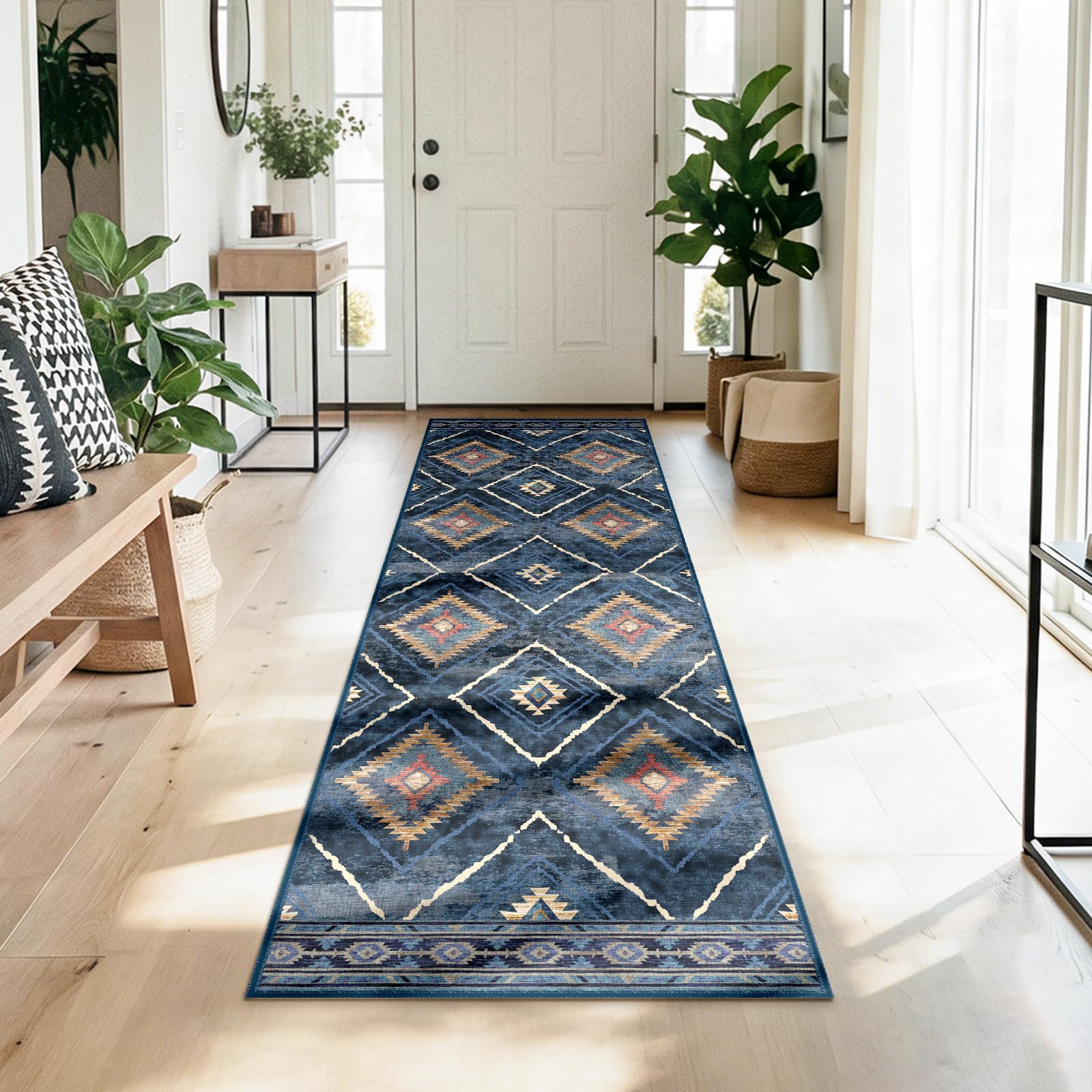 DEFYNEE Läufer Teppich, rutschfest, Kurzflor, Waschbar, Faltbar, Boho Design für Flur, Küche, Wohnzimmer & Büro