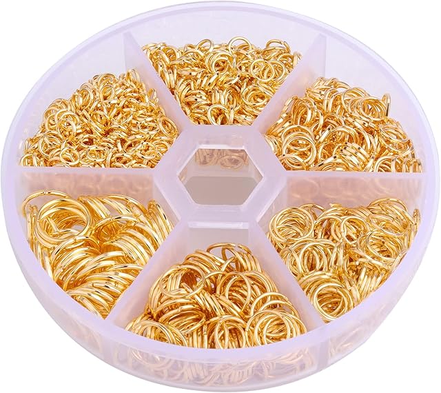 KINBOM 1000pcs Jump Rings, 4/5/6/7/8/10mm Open Jump Rings for Jewelry Making Kit Jewelry Connectors with Plastic Case for DIY Making Earrings Bracelets Necklaces (Gold)
