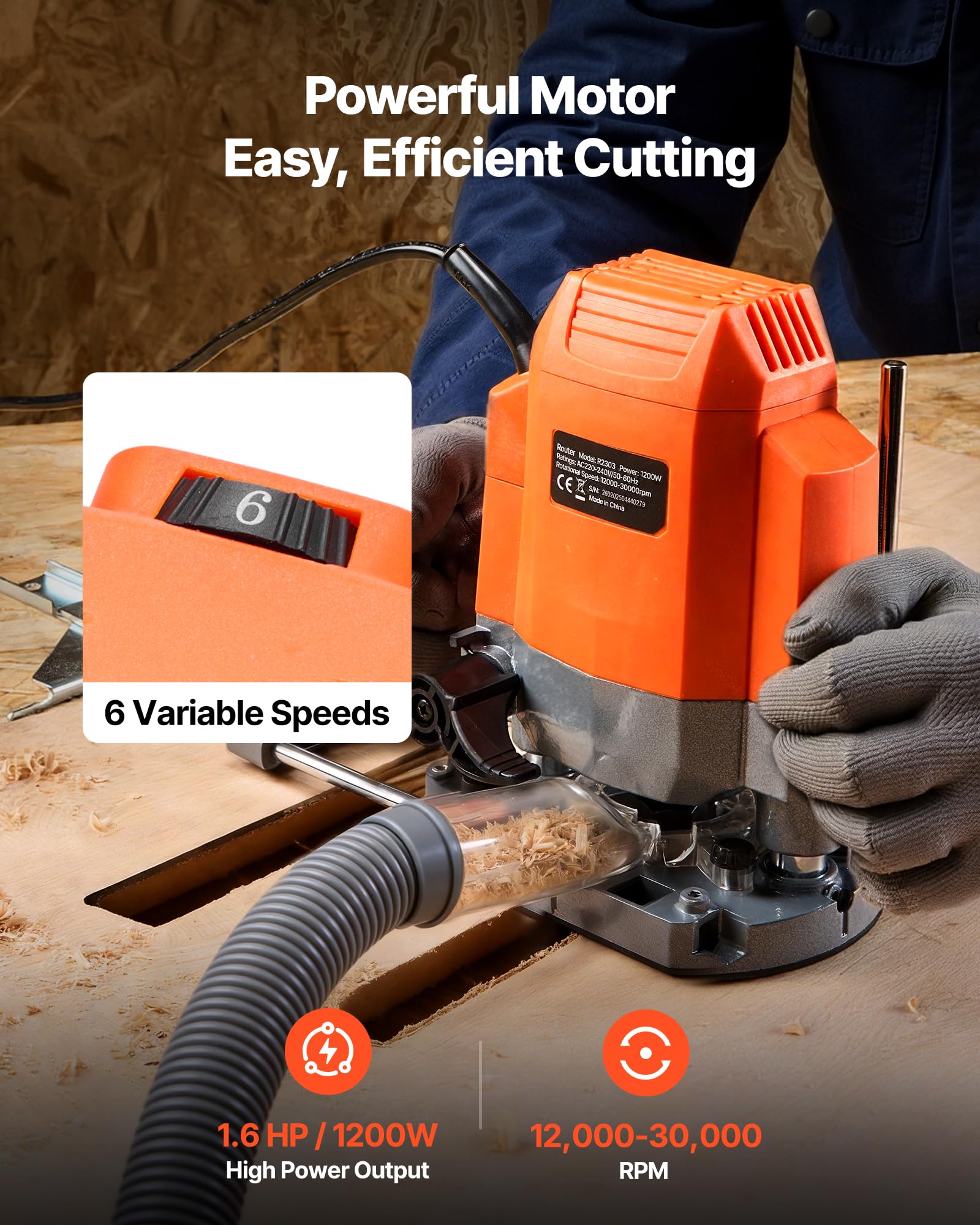 VEVOR Fresadora de Madera 1,6HP 1200W, Rebajadora Eléctrica de 6 Velocidades Variables, Arranque Suave, con Base de Inmersión, Fresadora de Cantos para Carpintería, Proyectos de Bricolaje, con Cable