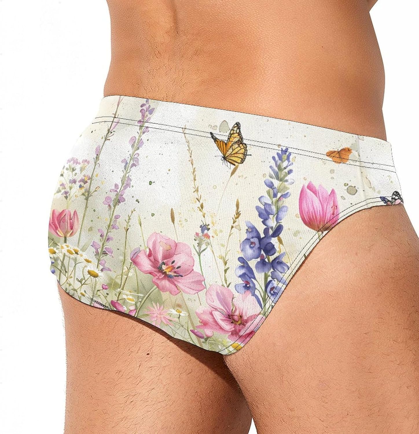 Watercolor Wildflowers Butterflies Mens Swim Briefs Print Bikini Swimwear Sport Swimsuit Surf Shorts Trunks