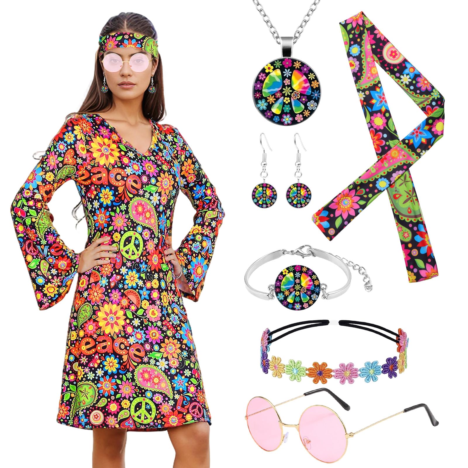 Matreeglam 70s Hippie Costume Set Women, 60s 70s Fancy Dress With Hippie  Accessories, Hippie Costumes for Carnival Halloween Cosplay Party, 60s 70s  Style Ladies Fancy Dress Outfit (Colorful, M) - BigaMart