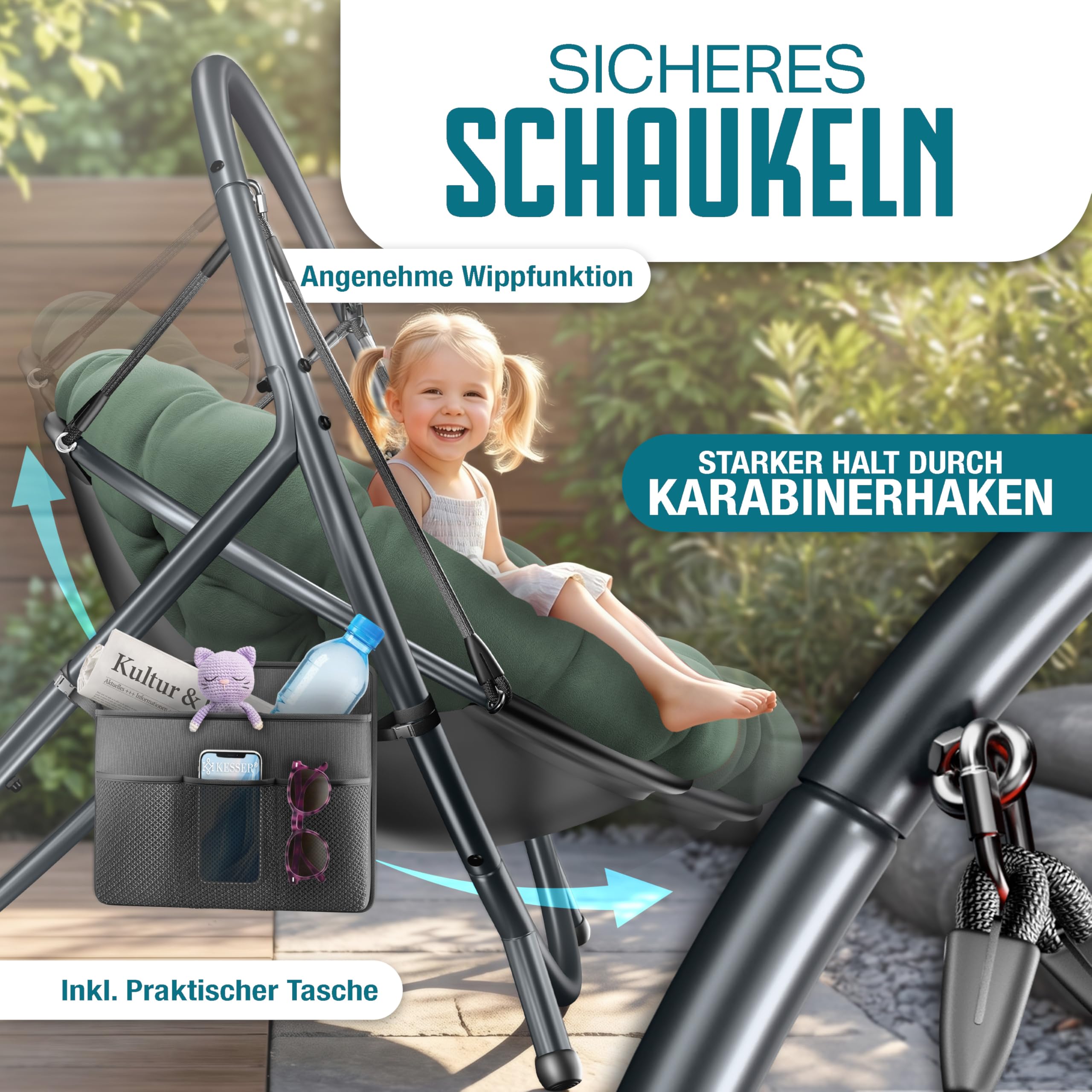 KESSER® Hängesessel mit Gestell Bali Hängeschaukel Hängestuhl bis 150kg für Indoor und Outdoor + Kissen & Seitentasche Hängekorb Stahlgestell & Schaumstoff Sitzpolster