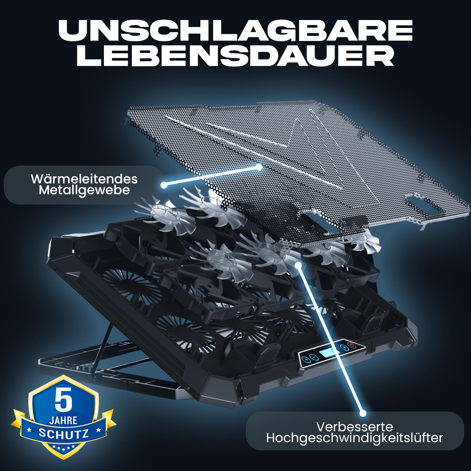 KLIM V8 Gaming Laptop Cooling Pad mit 8 Lüftern - Neu - Gaming Laptop Kühler - Stabiler RGB Notebook Ständer mit Lüfter - Kompatibel bis zu 17" - 2 USB Ports - Handyhalterung - 5 Jahre Schutz