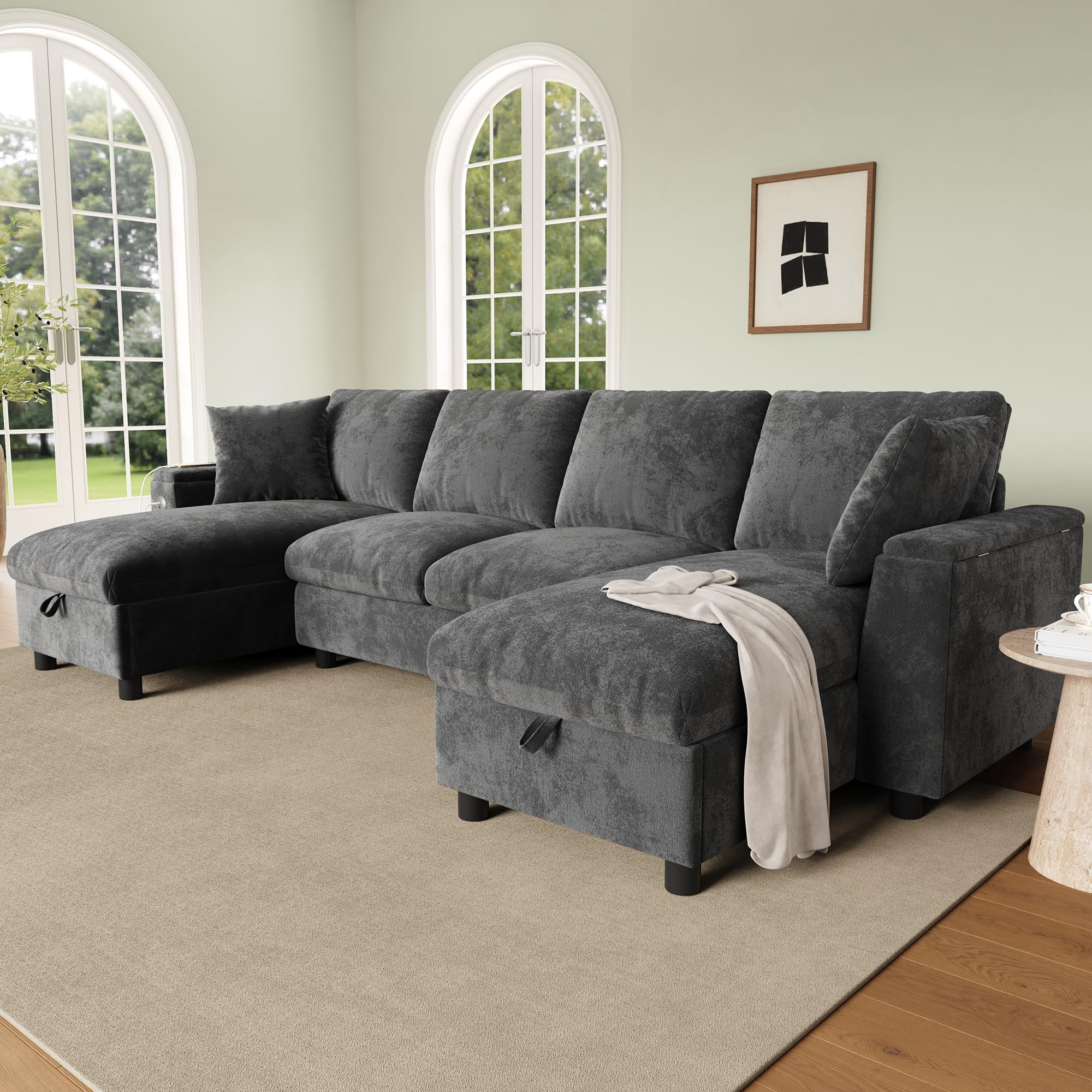 Muskel Chenille Wohnland 284 × 135 cm, sofá esquinero en forma de U con dos chaise longues y 2 plazas, sofá con espacio de almacenamiento abatible, cómodo sofá para salón, gris