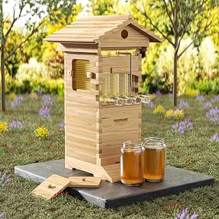 Self-Flowing Wooden Beehive Kit, Food-Grade Auto Honey Flow with Observation Window & Honey Nozzle, No Disturbance, Harvest Honey by Turning Key 90°, Perfect for Backyard Hobbyists