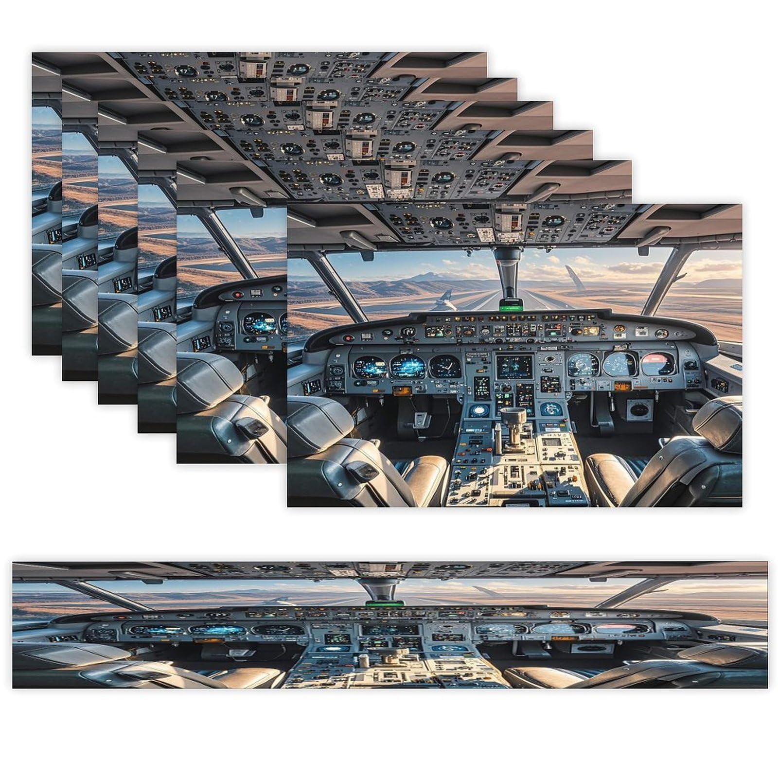 Airplane Cockpit Table Runner and Placemats Set of 6 Heat Resistant Washable Table Runners Dining Mat Sets Modern Cloth Place Mats Linen Table Decor for Kitchen Dining Room